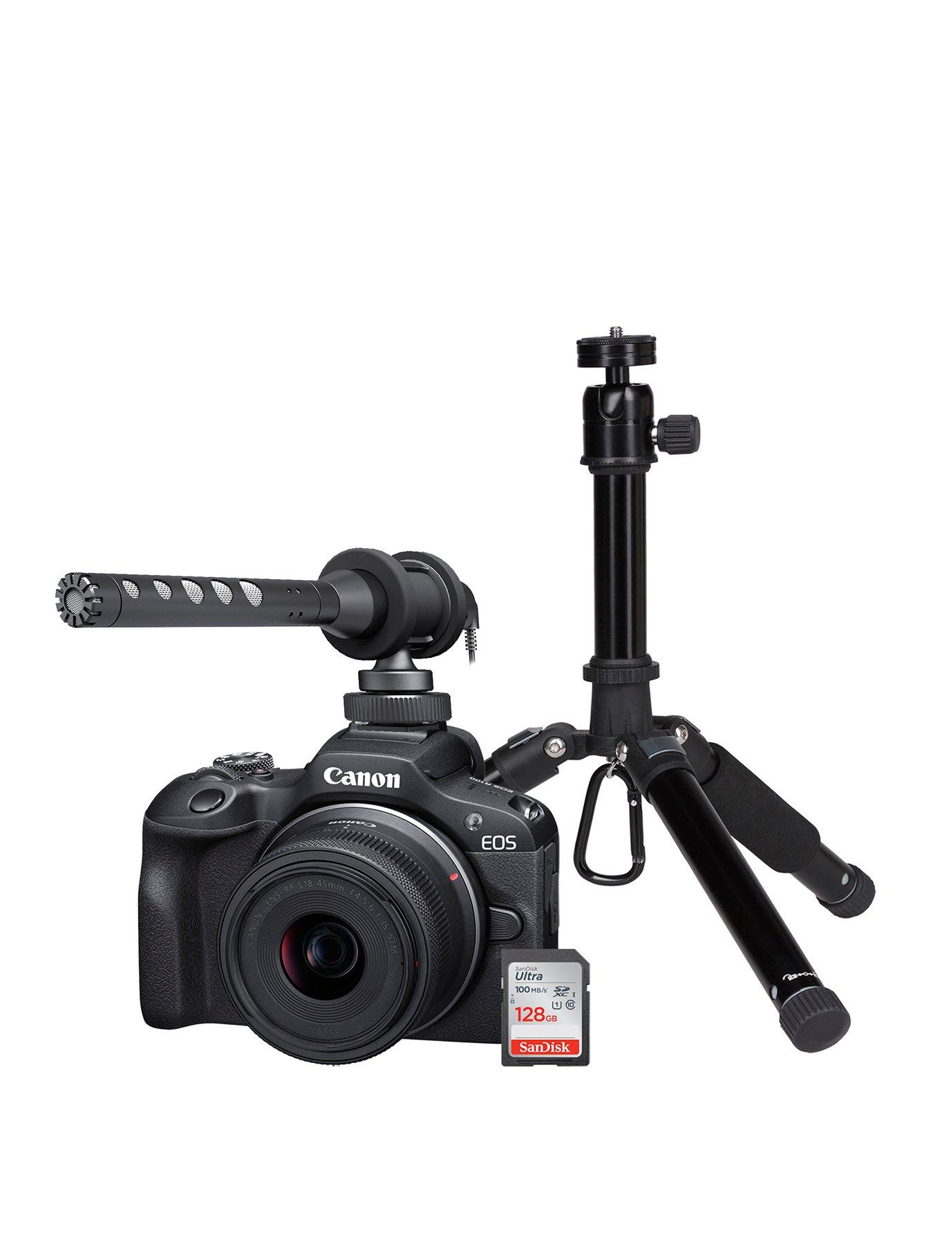Canon EOS R100 Camera inc RF-S 18-45mm Lens, Shotgun Mic, Desktop Tripod  &  128GB Card