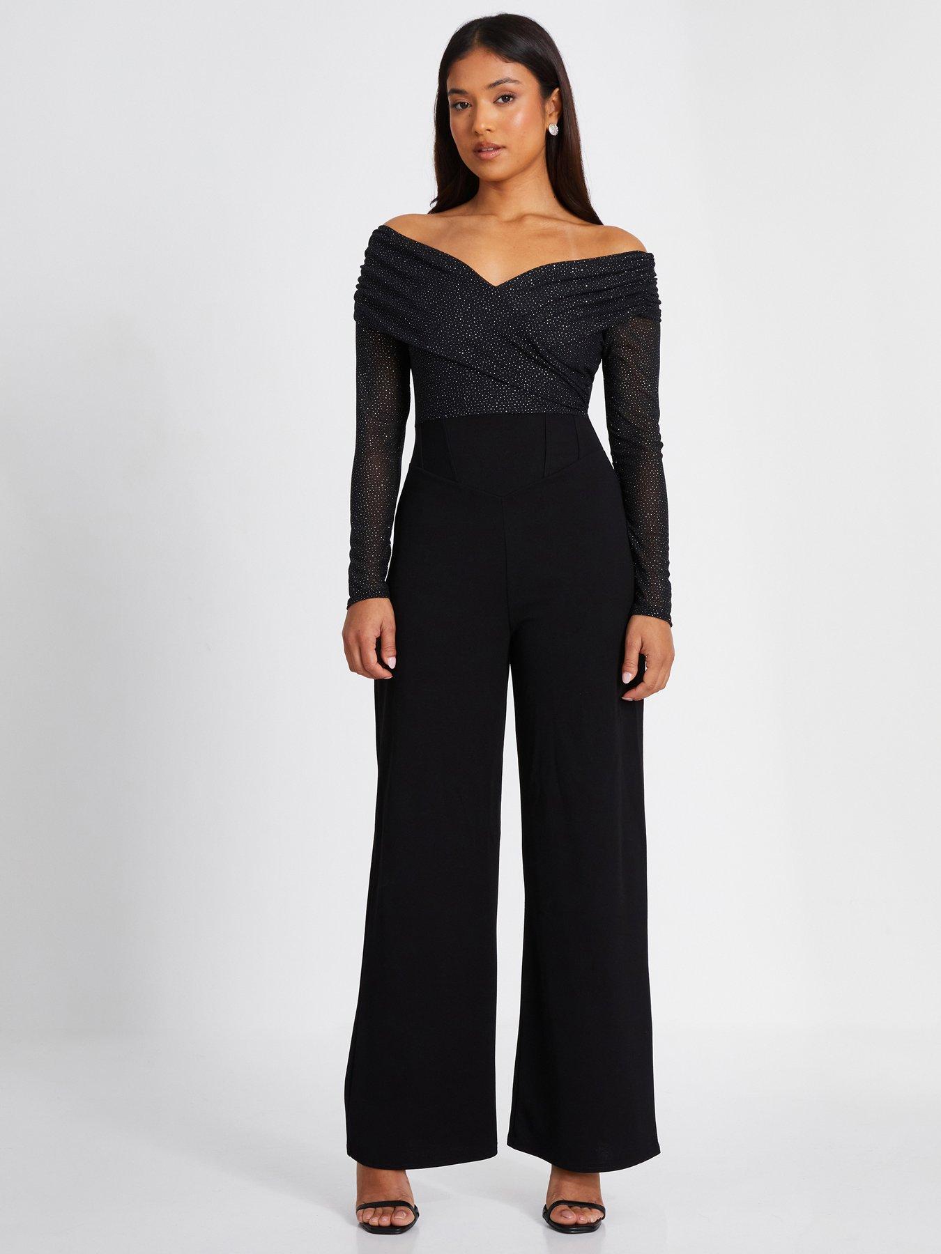 Quiz Petite Black Glitter Bardot Jumpsuit