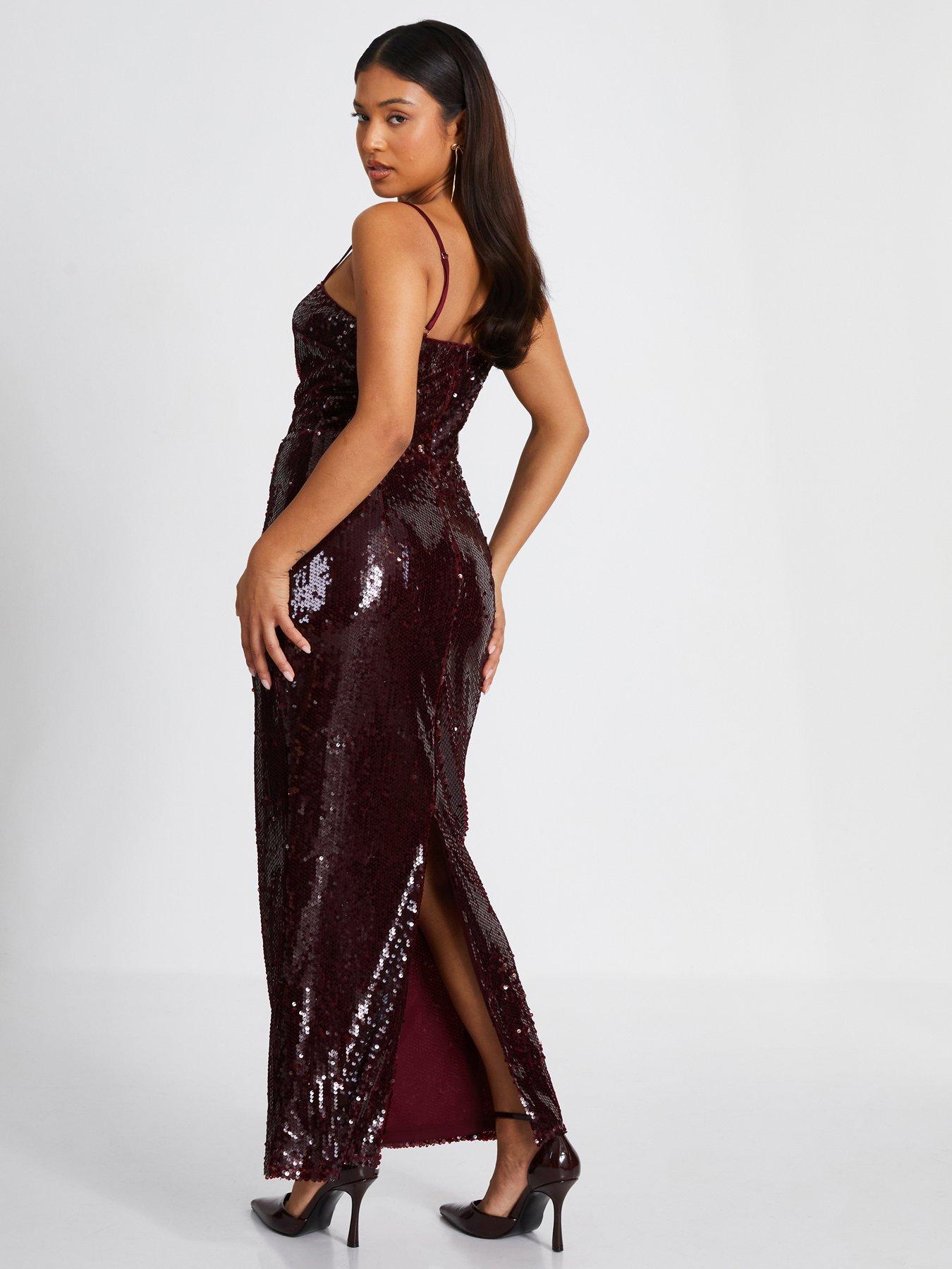 quiz burgundy sequin dress QUIZ Women's V-Neck Wrap Sequin Mini Dress