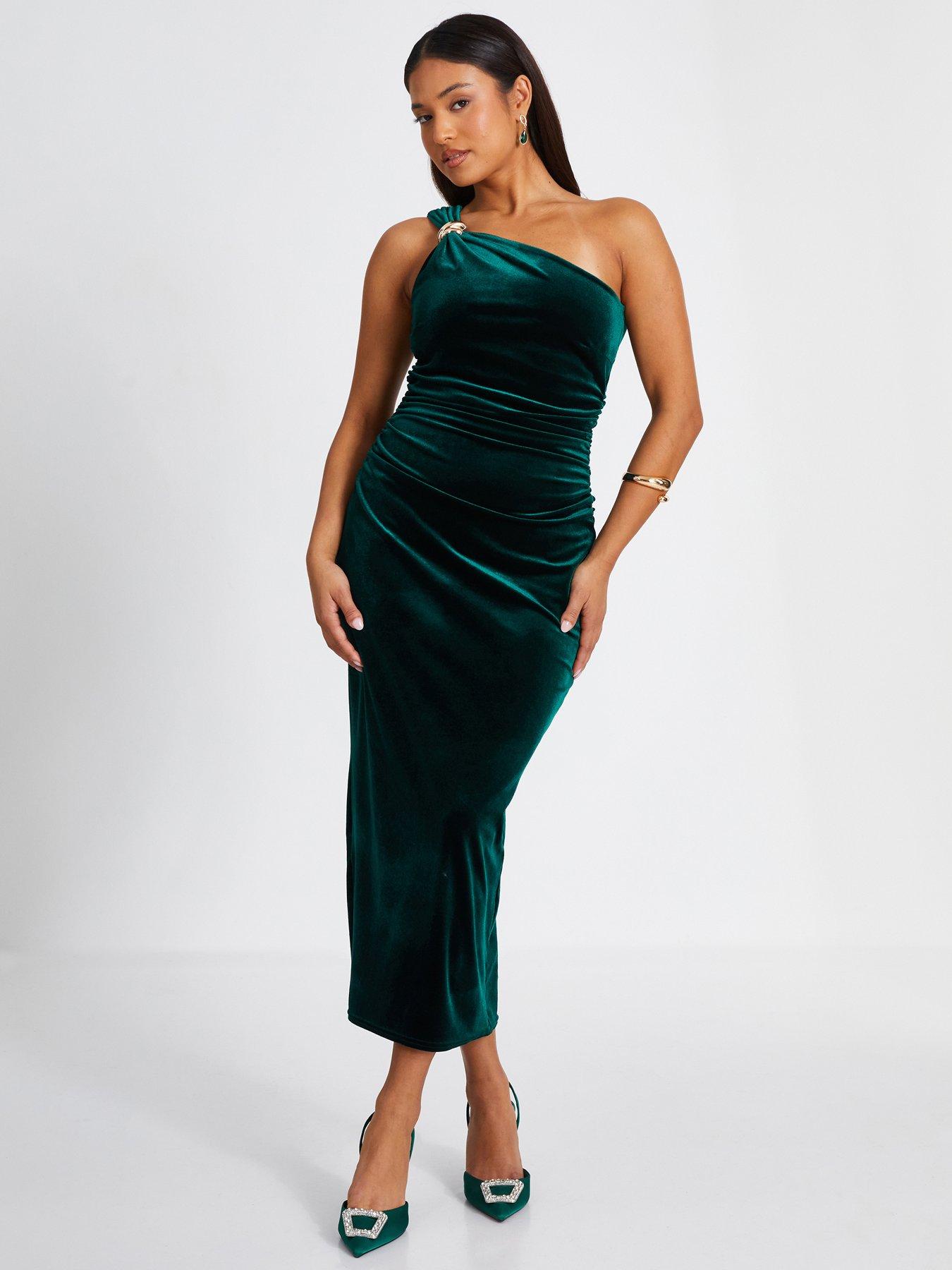 Image 1 of 6 of Quiz Petite Bottle Green Velvet Midaxi Dress