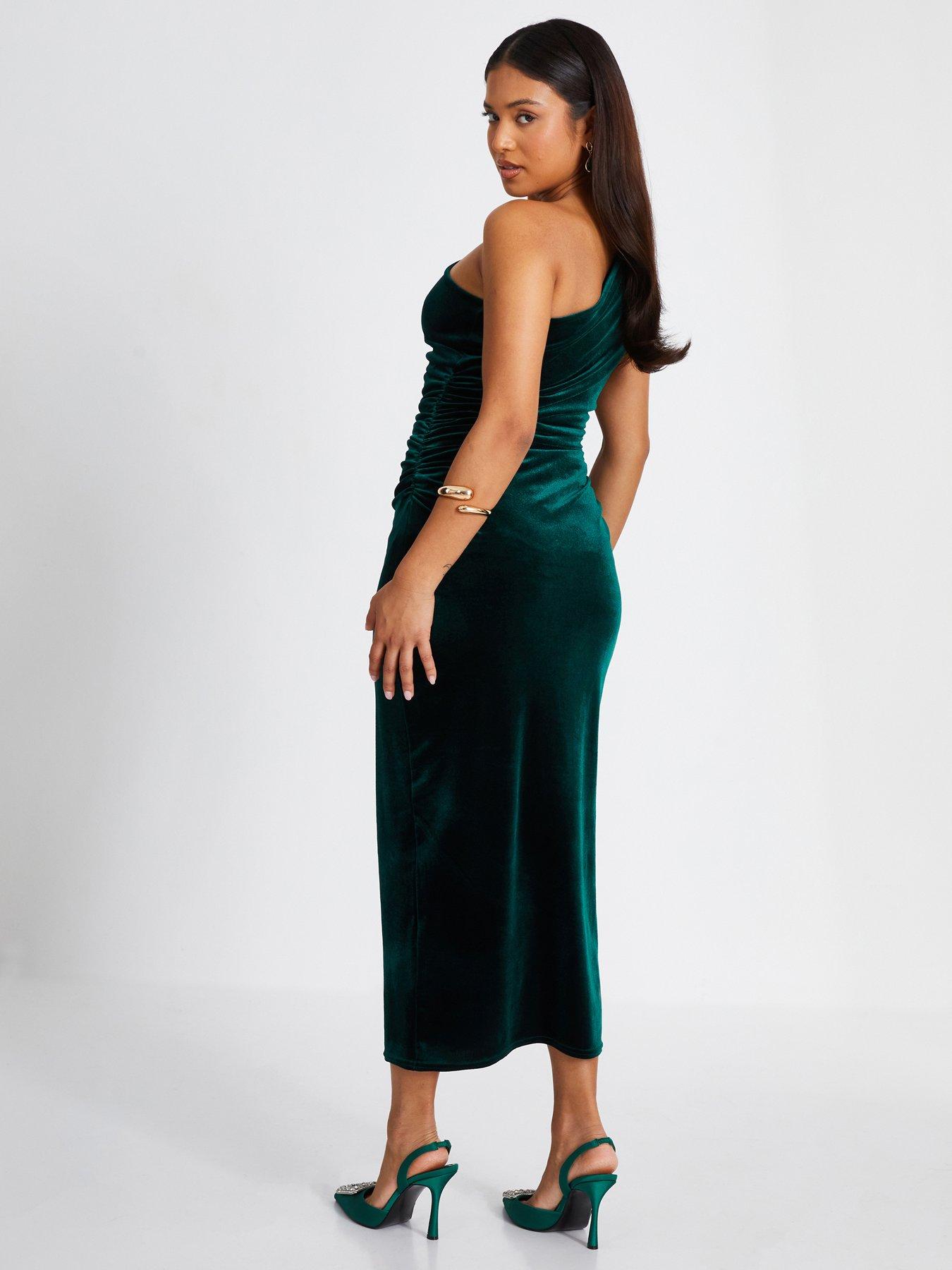 Image 2 of 6 of Quiz Petite Bottle Green Velvet Midaxi Dress