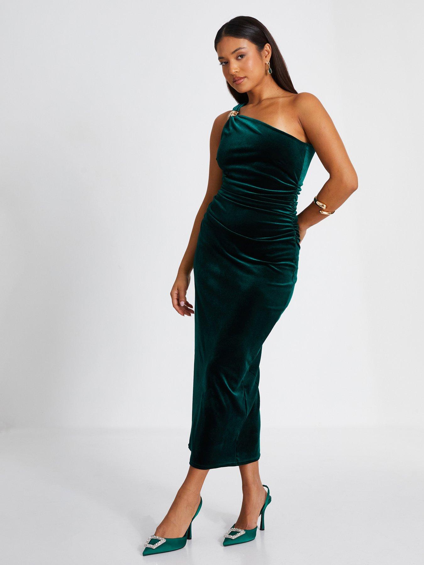 Image 3 of 6 of Quiz Petite Bottle Green Velvet Midaxi Dress