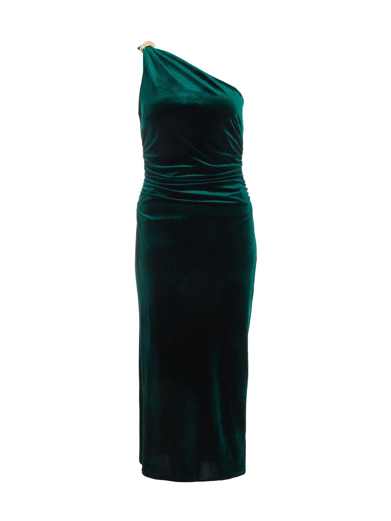Image 4 of 6 of Quiz Petite Bottle Green Velvet Midaxi Dress