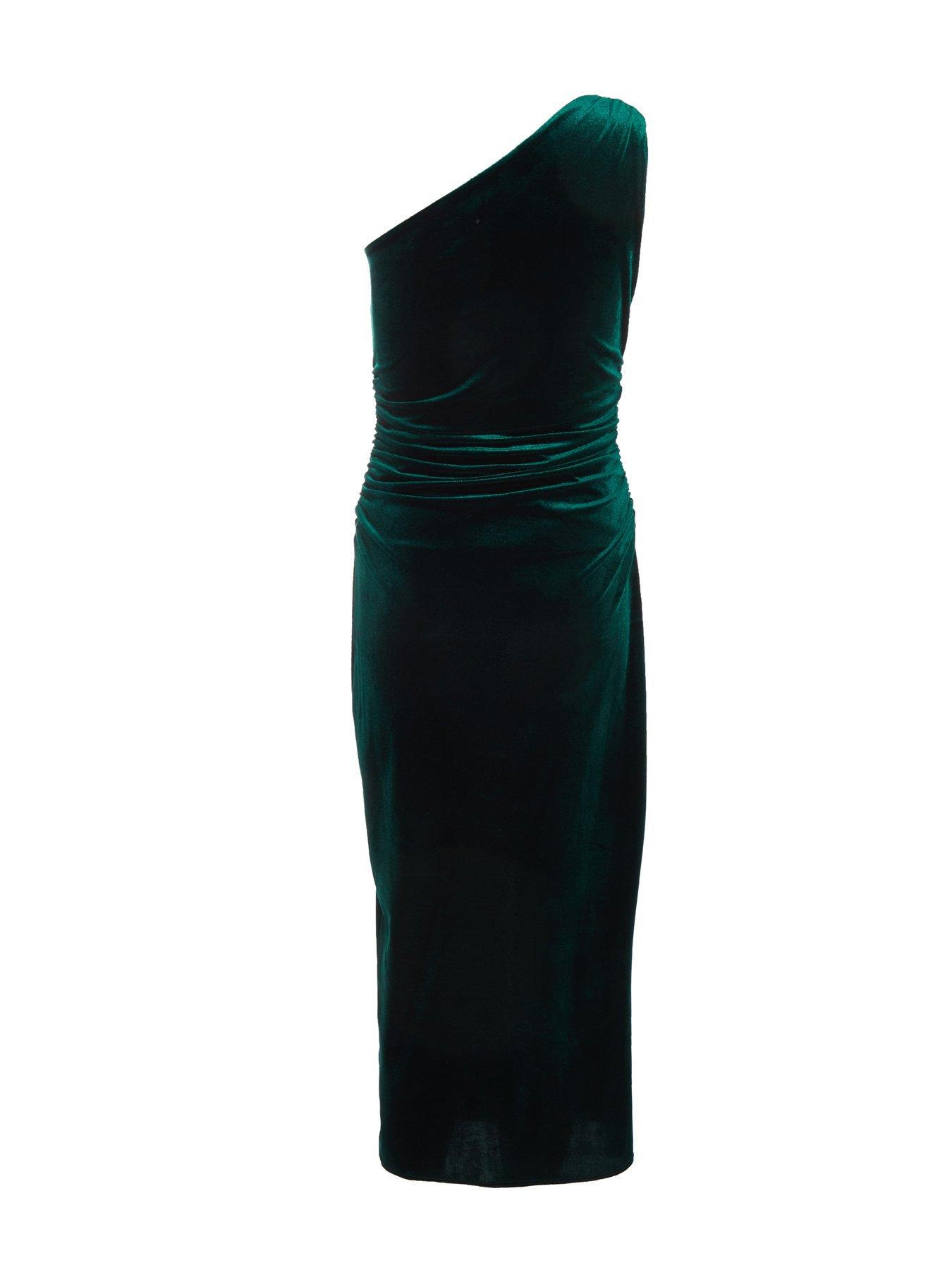 Image 5 of 6 of Quiz Petite Bottle Green Velvet Midaxi Dress