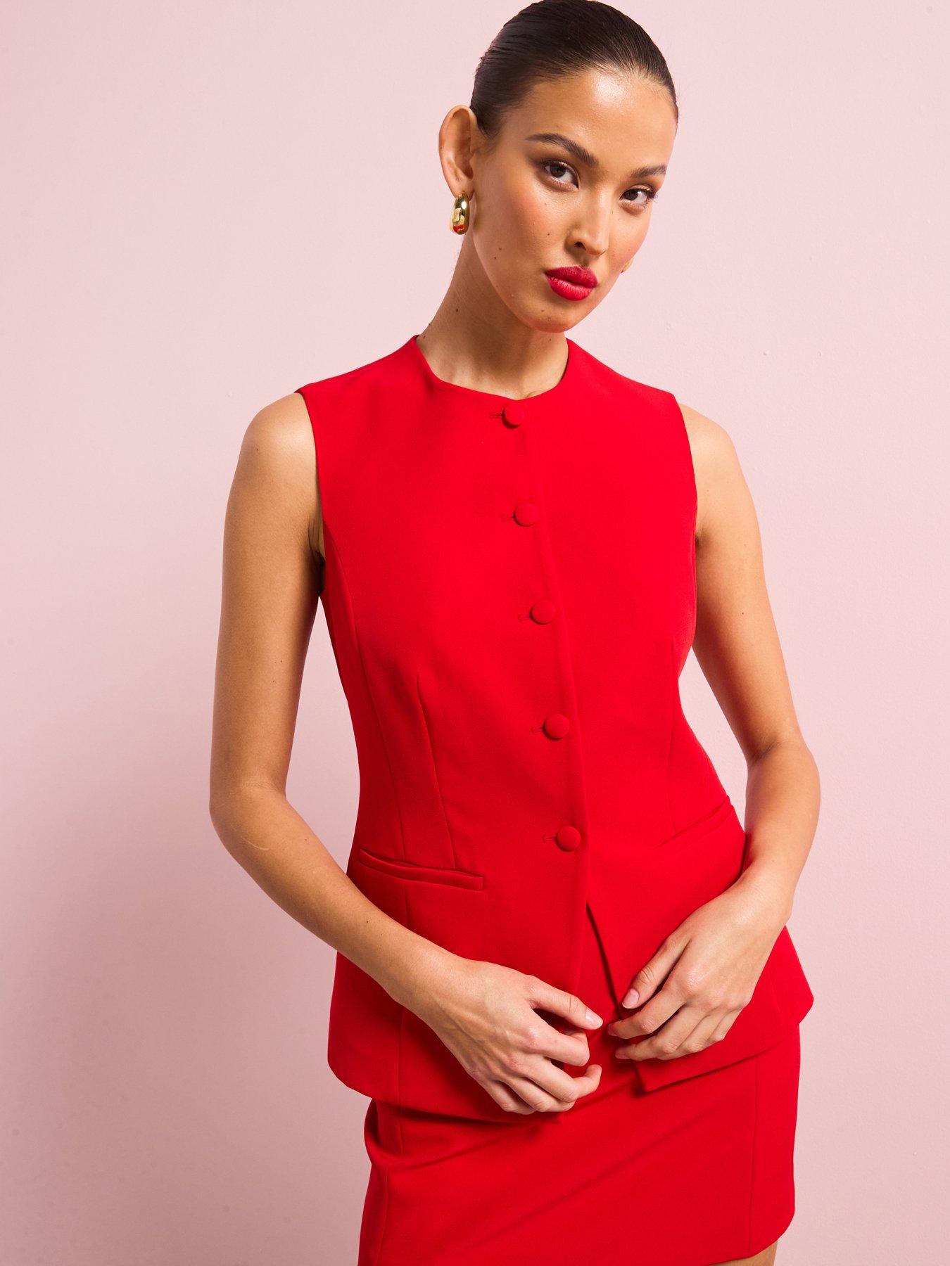 undefined Round Neck Button Down Waistcoat - Red