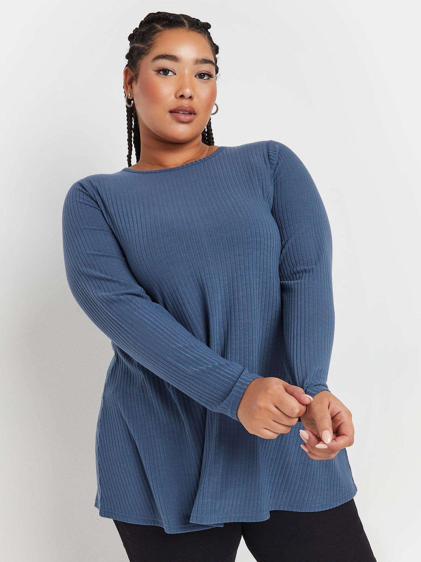 undefined Curve Long Sleeve Rib Swing T-shirt - Blue