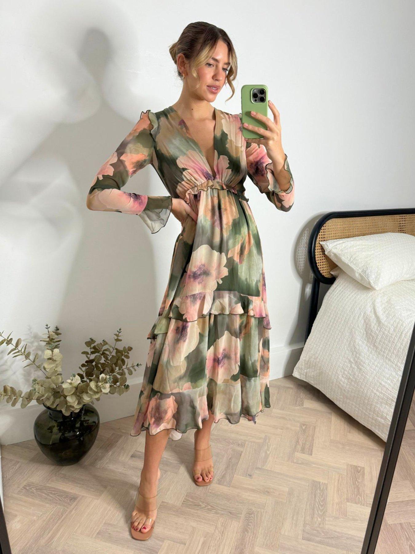 undefined Floral Print Ruffle Midi Dress - Khaki & Blush