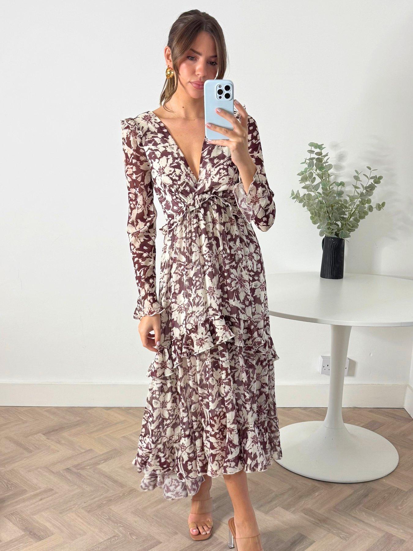 undefined Floral Print Ruffle Midi Dress - Brown