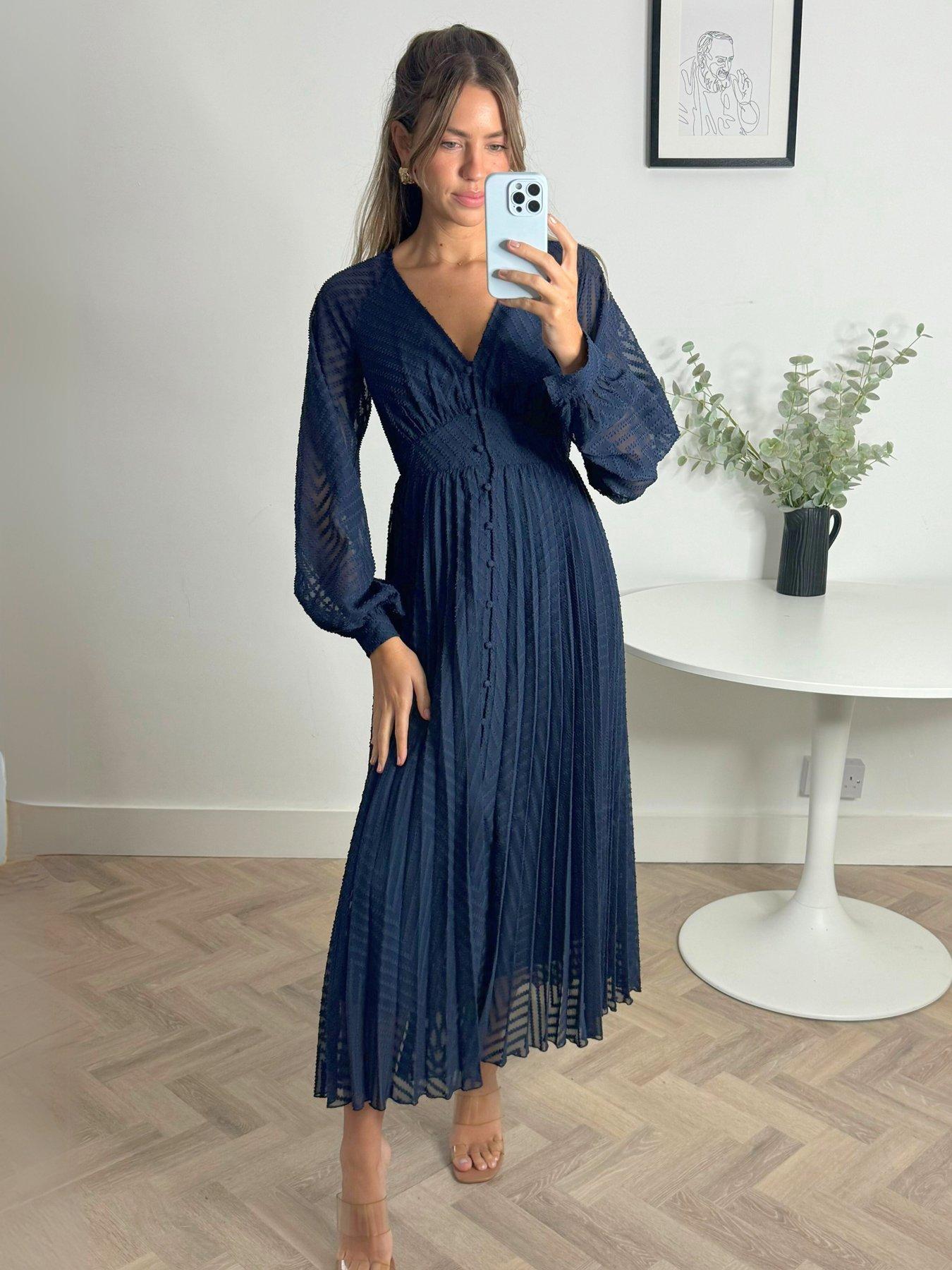 undefined Button Pleat Detail Dress - Navy