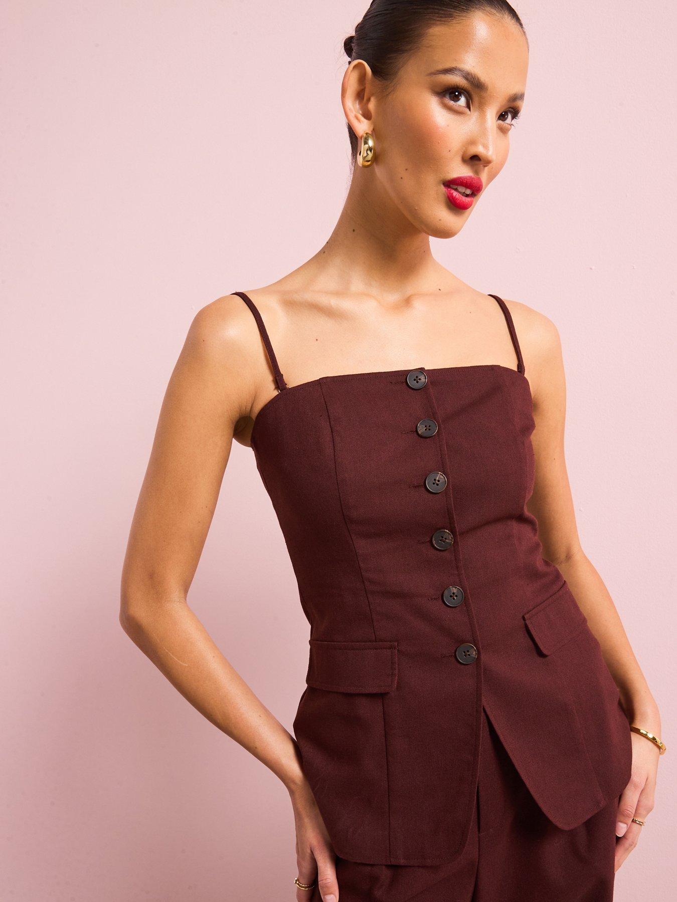 Image 1 of 6 of Style Cheat Linen Strapless Waistcoat - Chocolate