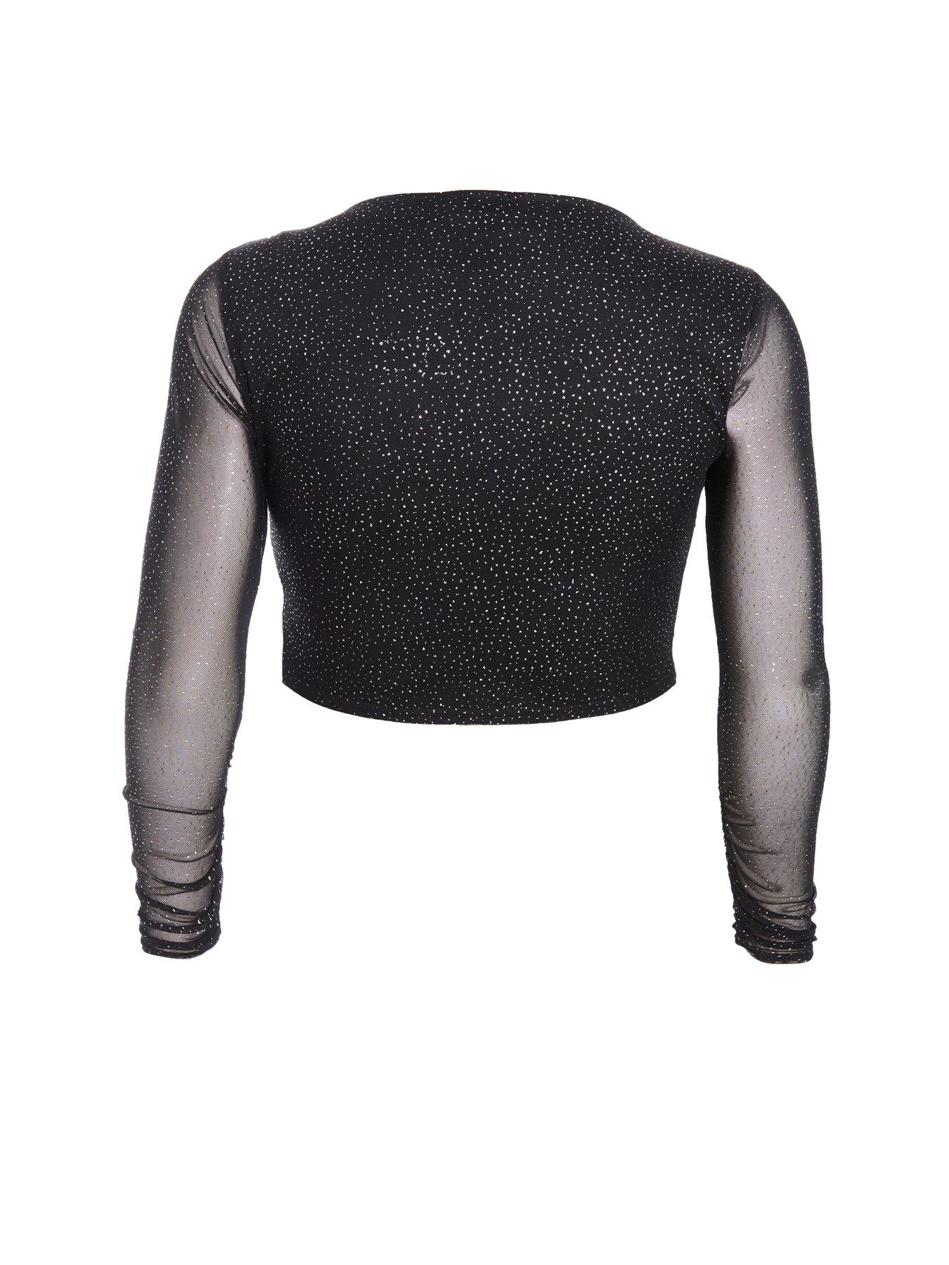 Long Sleeve Womens Black Glitter Top Bling Tops For Women Mesh