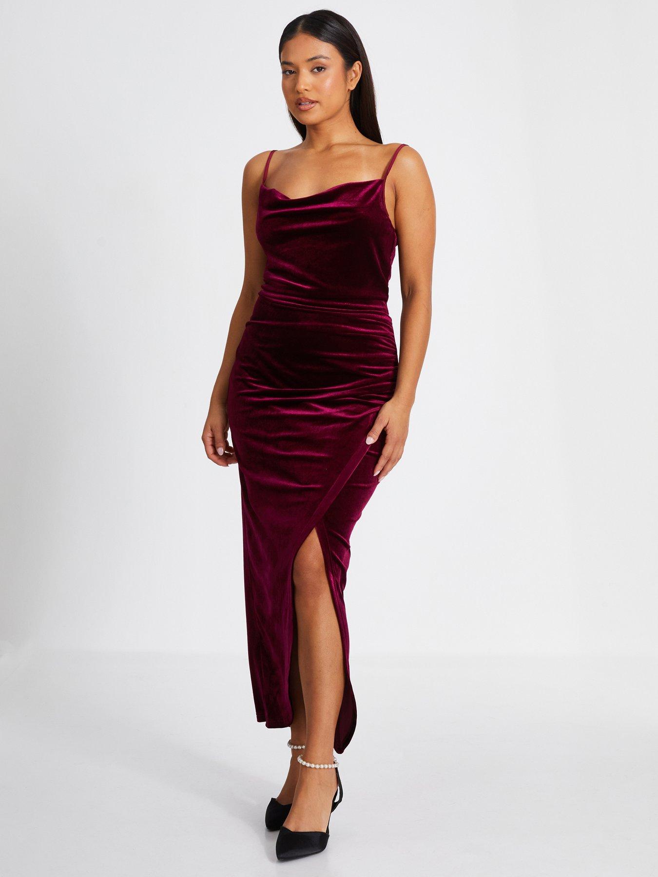 Image 3 of 5 of Quiz Petite Dark Red Cowl Neck Midaxi Dress