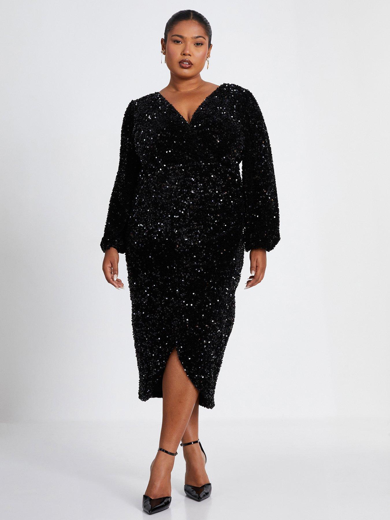 Image 1 of 6 of Quiz Curve Black Sequin Midi Dress