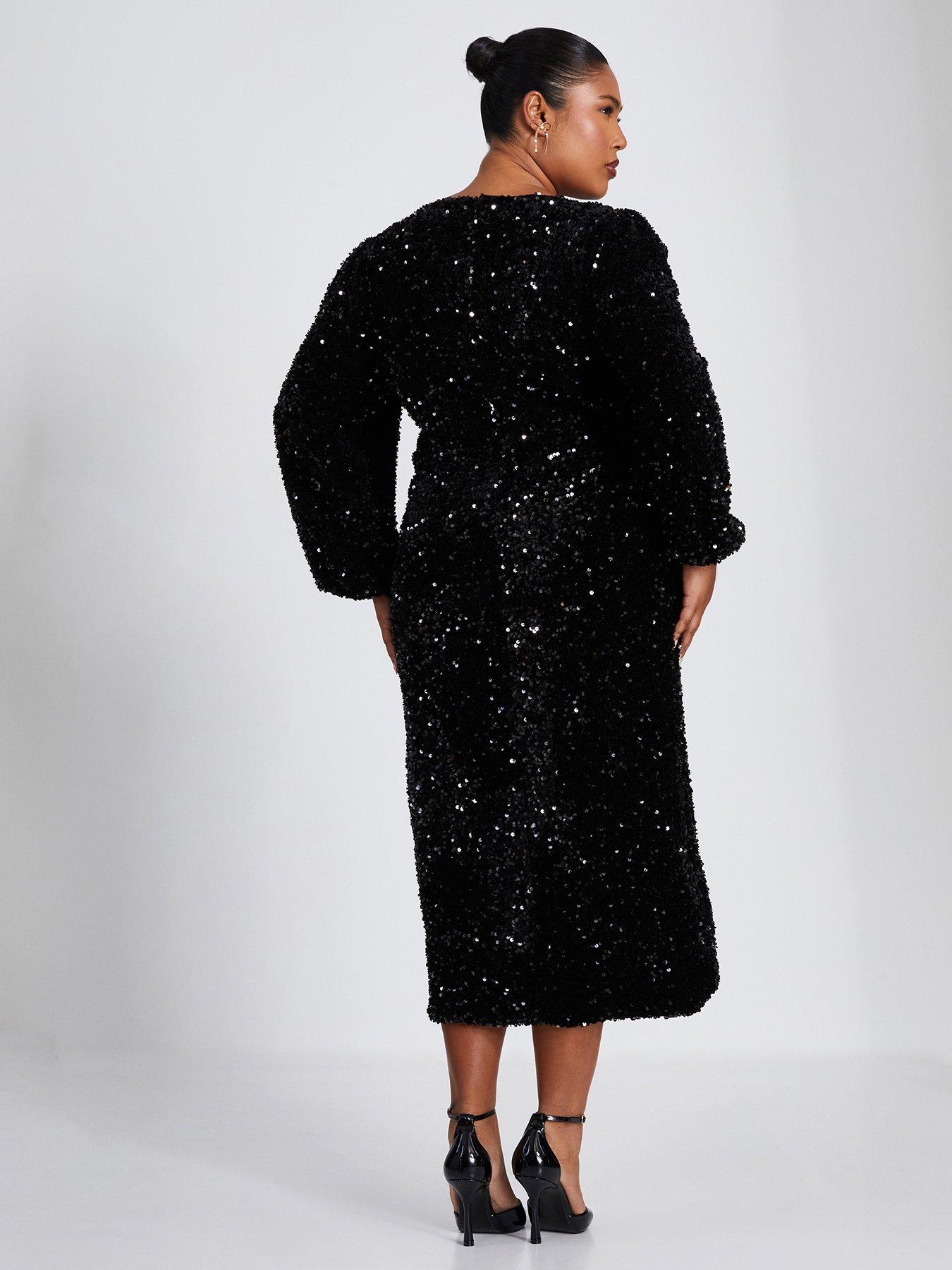 Image 2 of 6 of Quiz Curve Black Sequin Midi Dress
