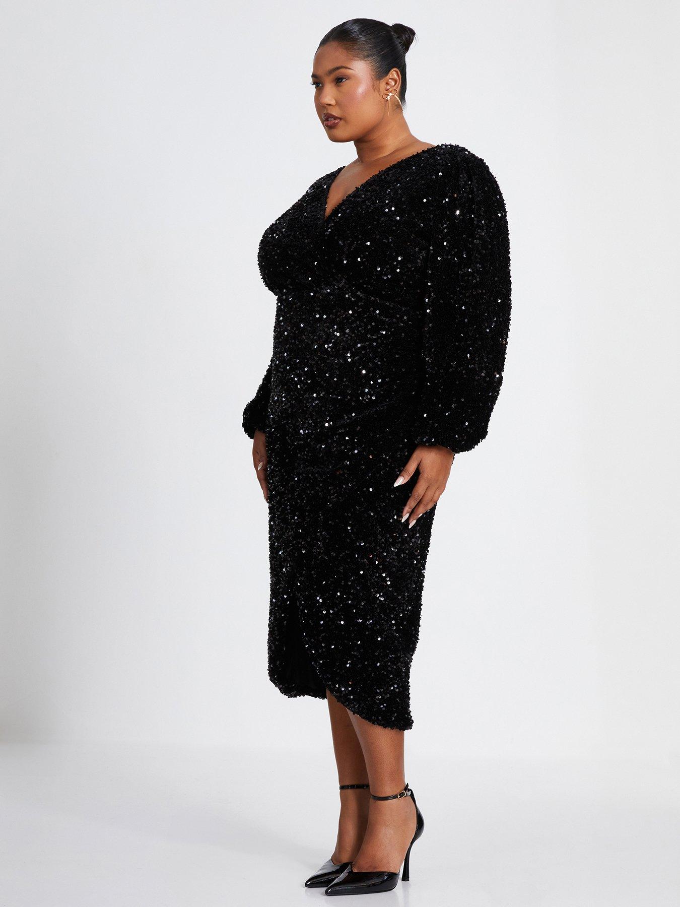 Image 3 of 6 of Quiz Curve Black Sequin Midi Dress