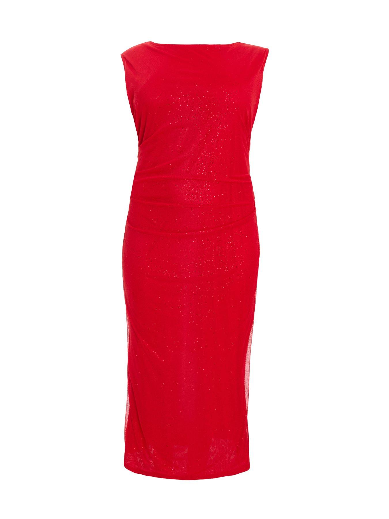 Quiz Curve Red Glitter Mesh Midaxi Dress