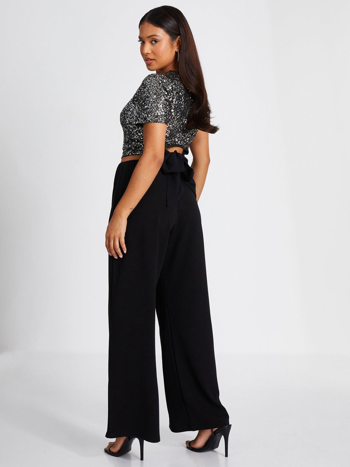 Quiz Petite Black Diamante Button Palazzo Trousers Very