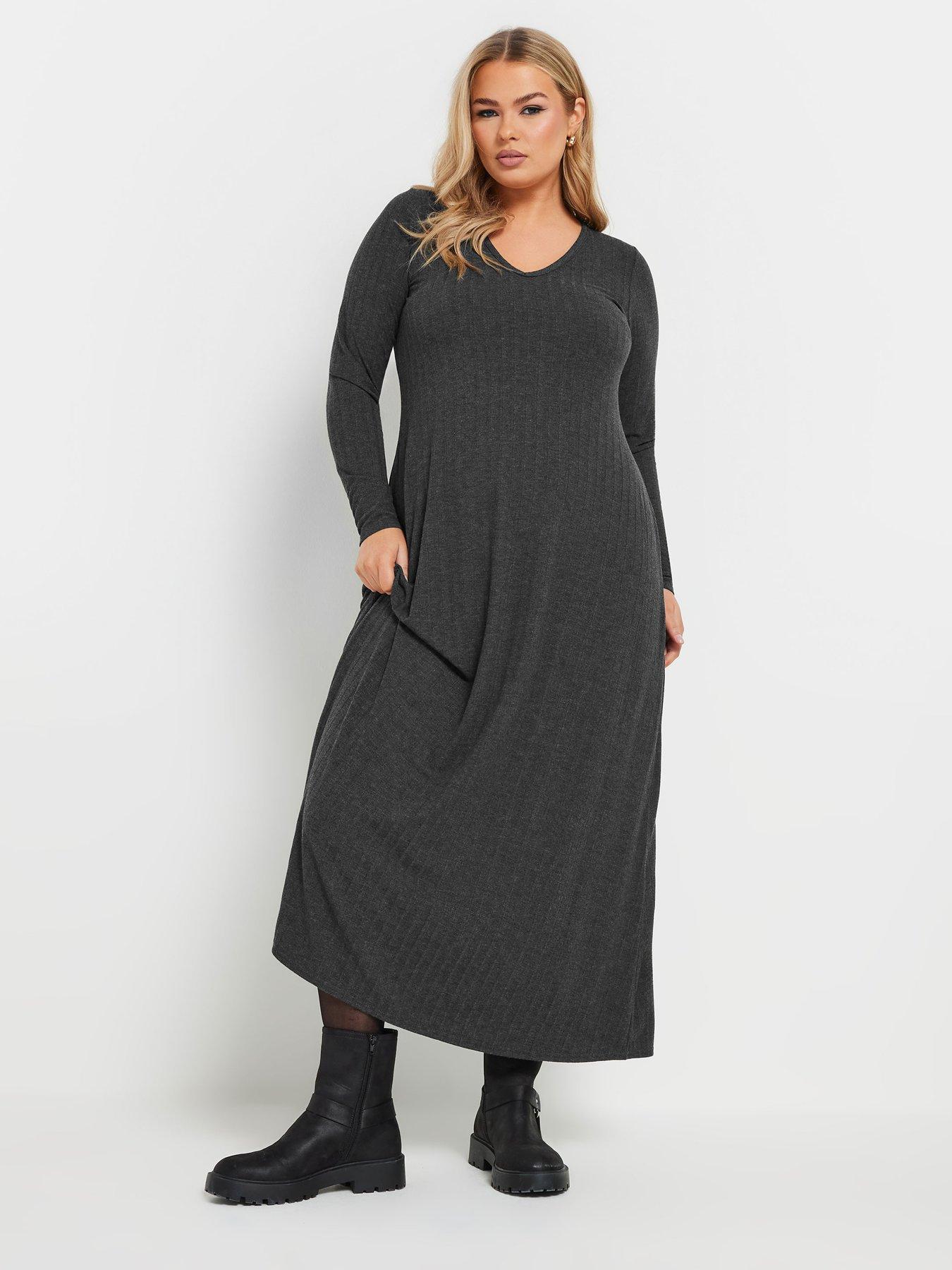 Yours Curve V Neck Rib Flare Dress - Grey | Very
