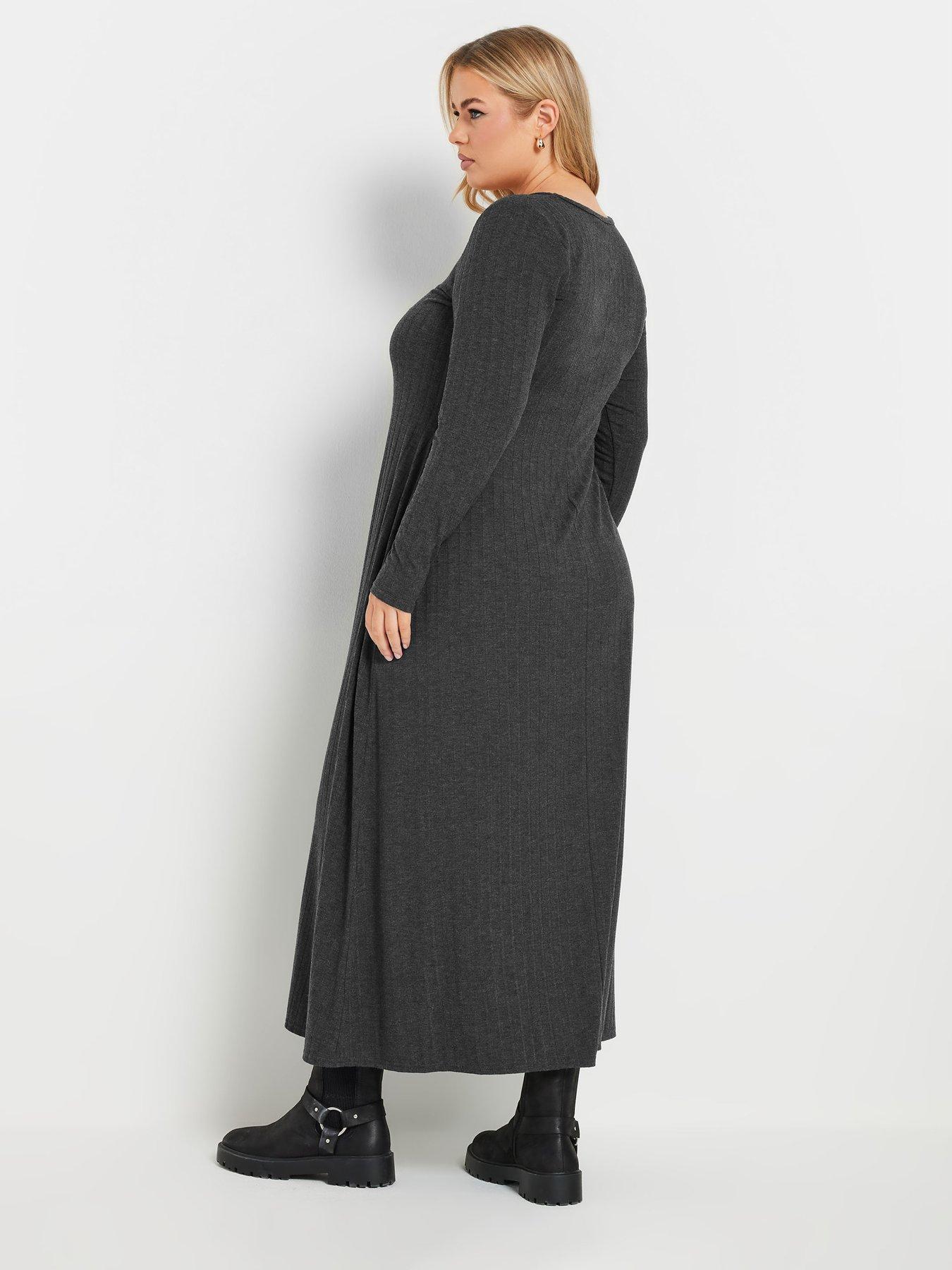 Yours Curve V Neck Rib Flare Dress - Grey | Very