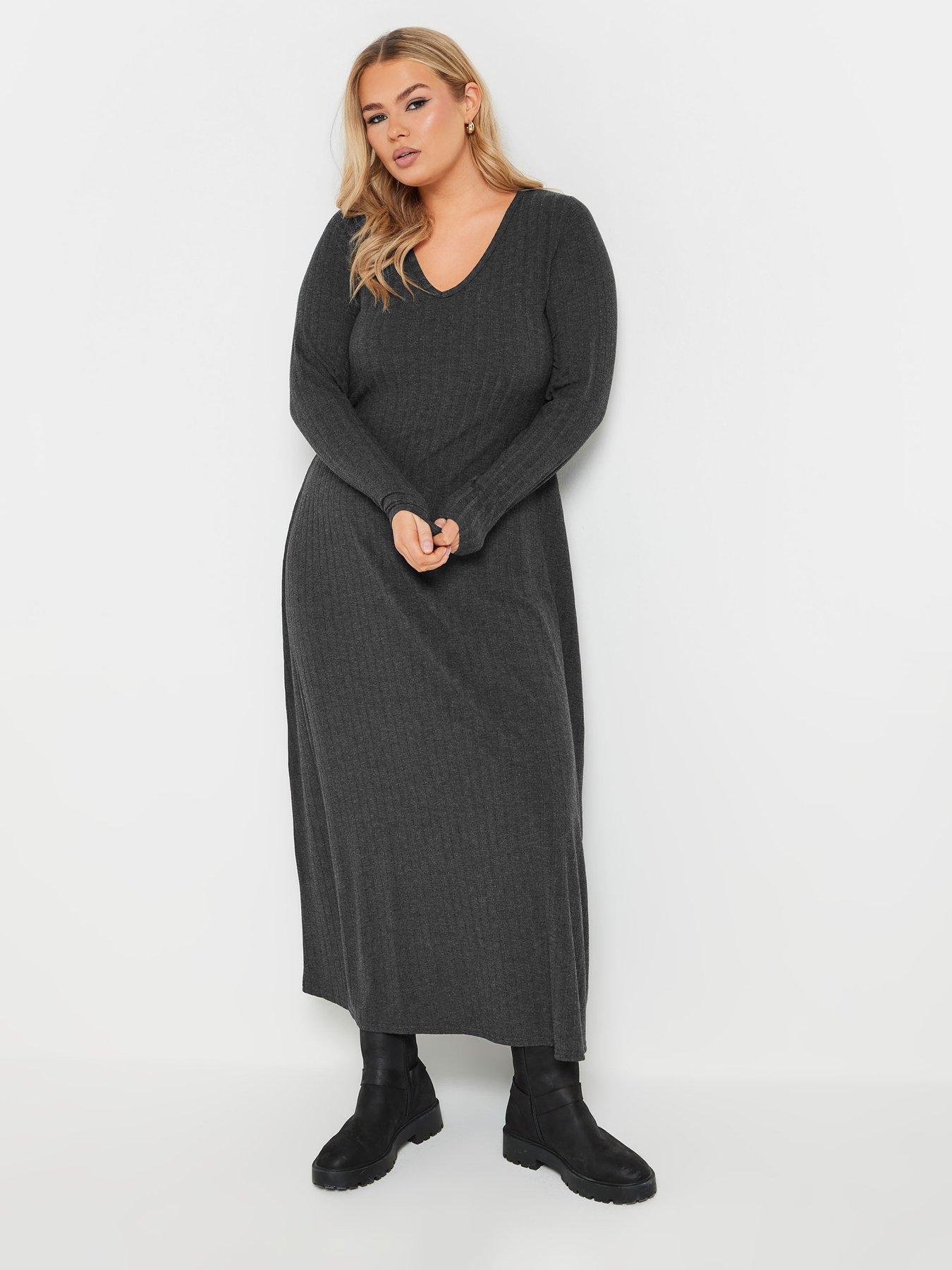 Yours Curve V Neck Rib Flare Dress - Grey | Very