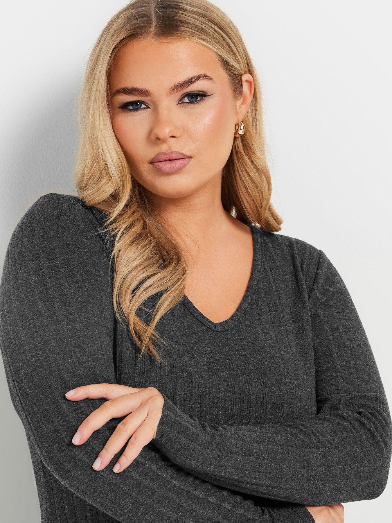 Yours Curve V Neck Rib Flare Dress - Grey | Very