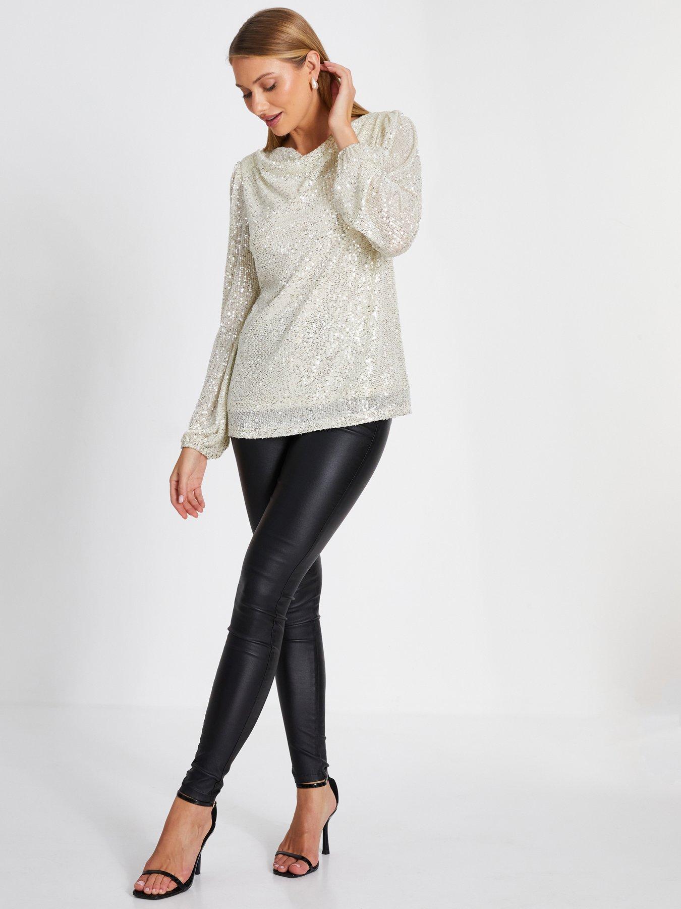Image 3 of 6 of Quiz Champagne Sequin Drape Neck Boxy Top