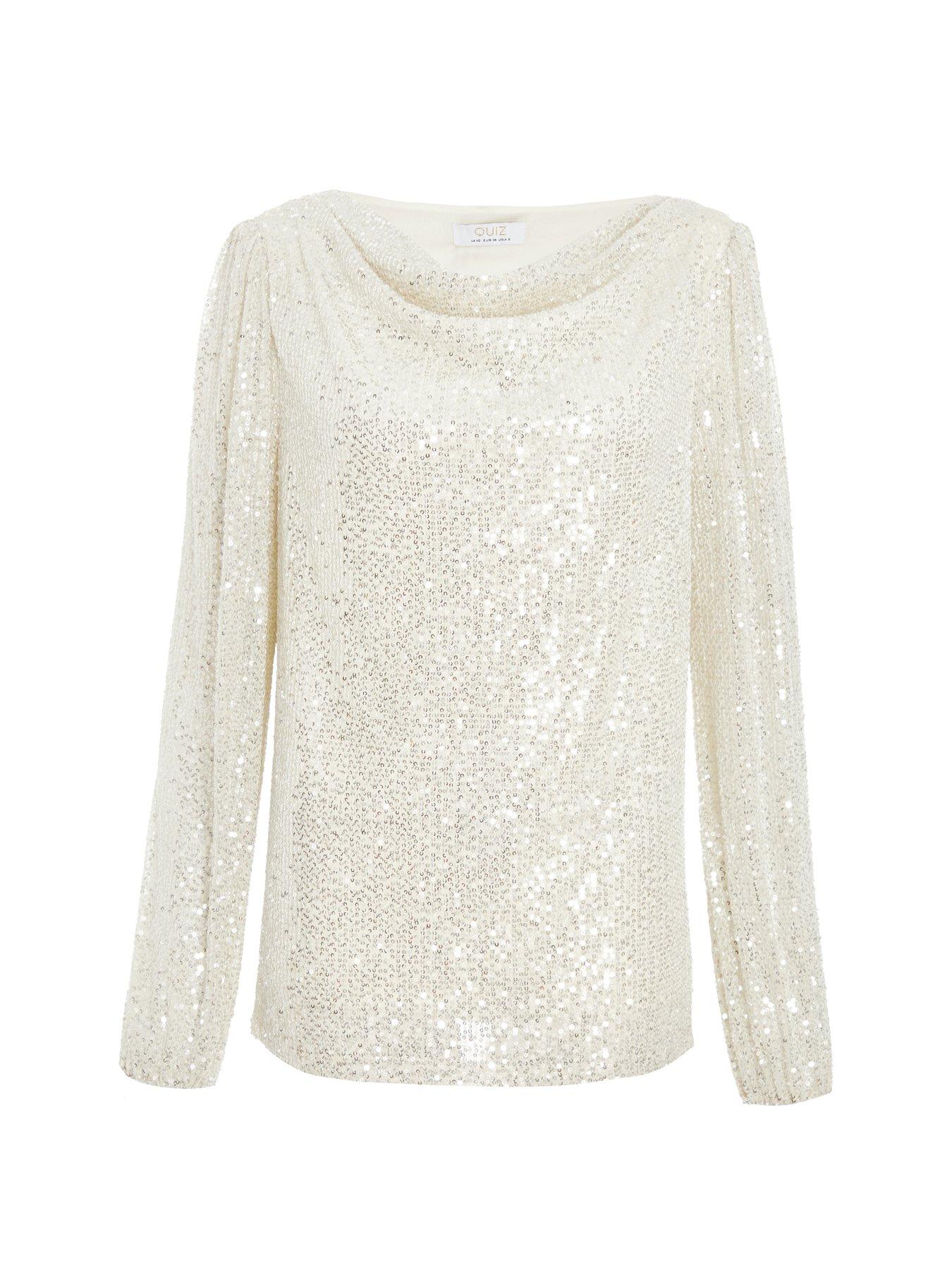 Image 4 of 6 of Quiz Champagne Sequin Drape Neck Boxy Top