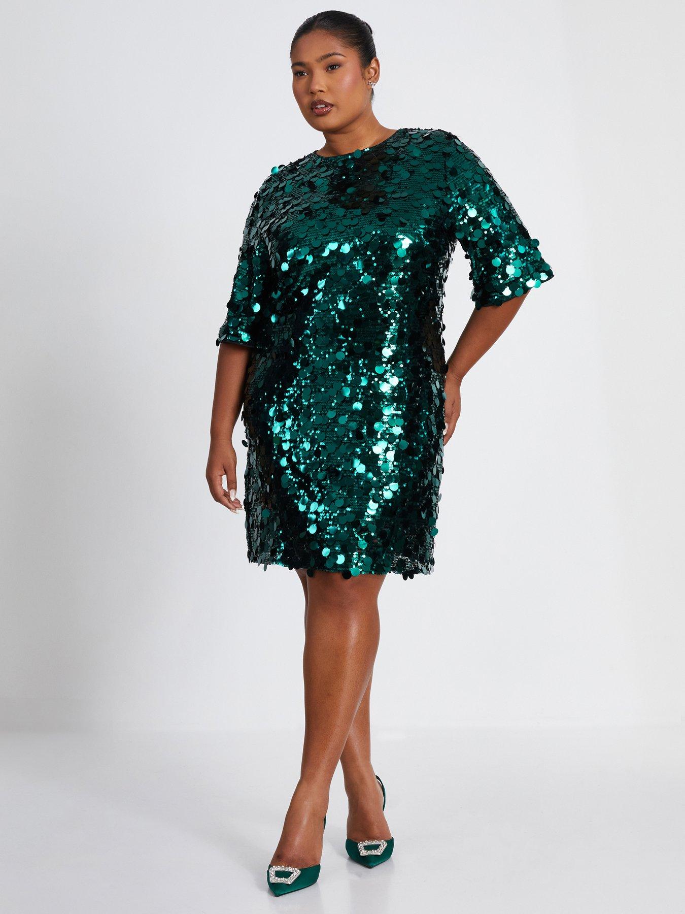 Quiz Curve Bottle Green Sequin Boxy Tunic Dress Very