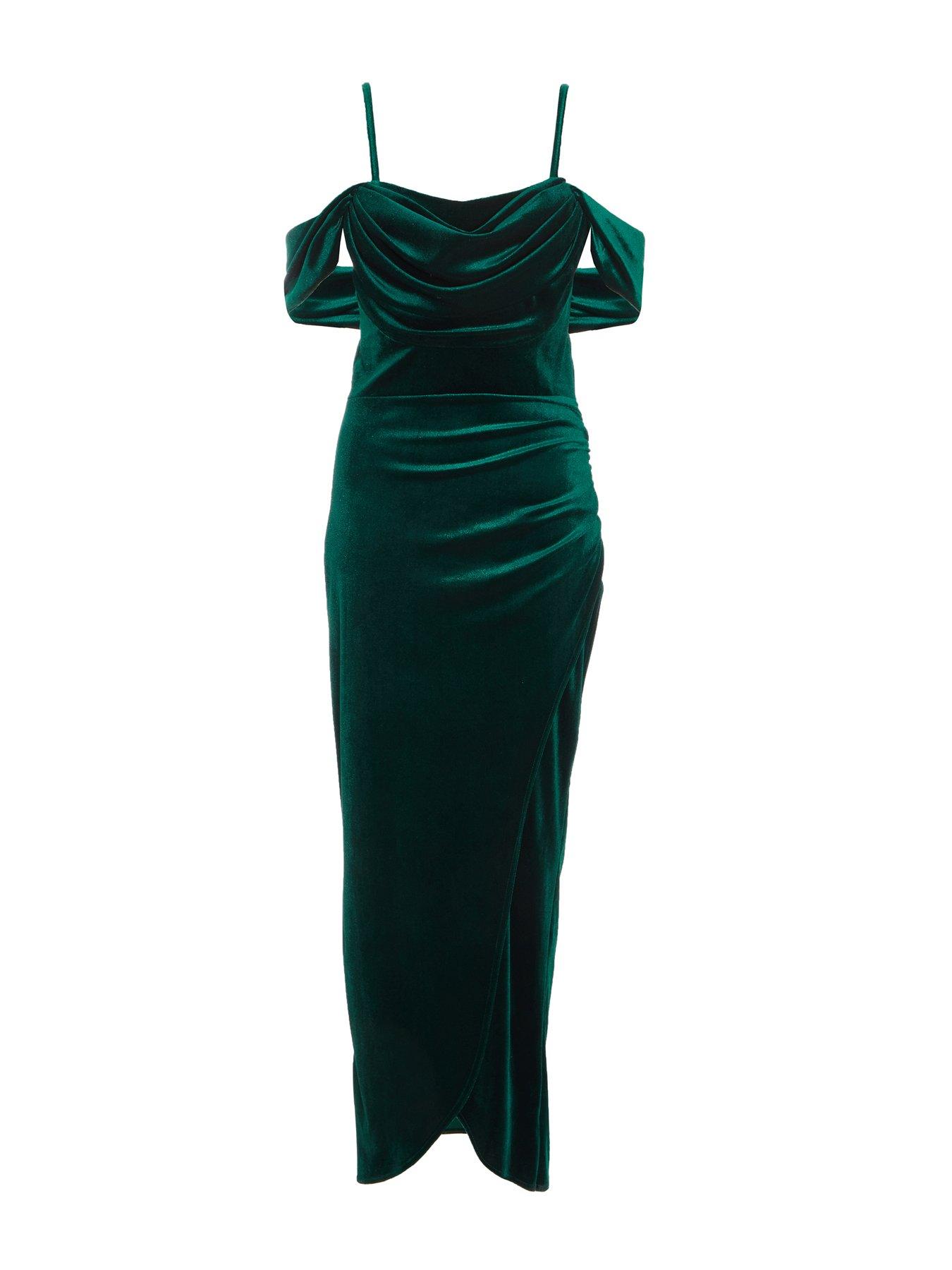 green emerald velvet dress Carella Bottle Green Velvet Twisted Asymmetric Midi Dress – Club L London main image 1