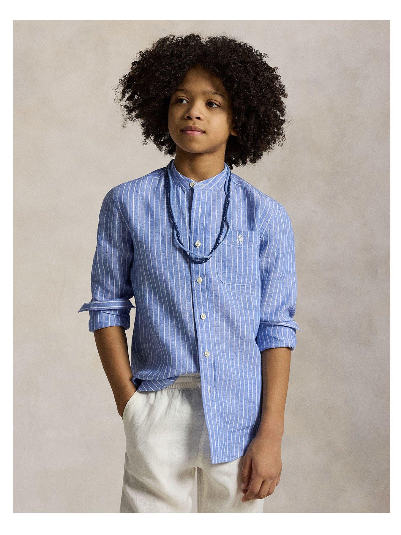 undefined Boys Long Sleeve Stripe Linen Shirt - Blue