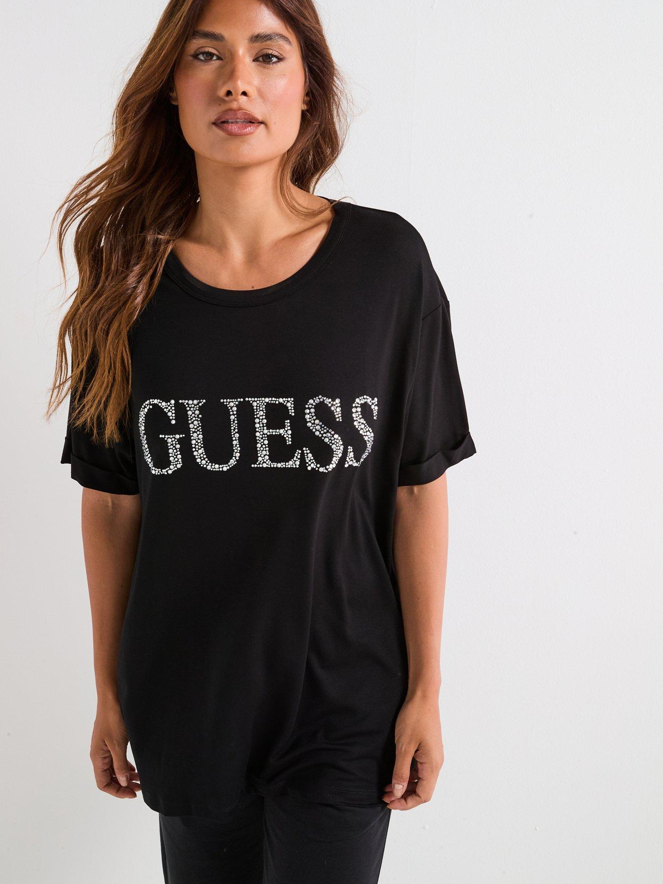 Guess Embellished Logo Short Sleeve T-Shirt - Black