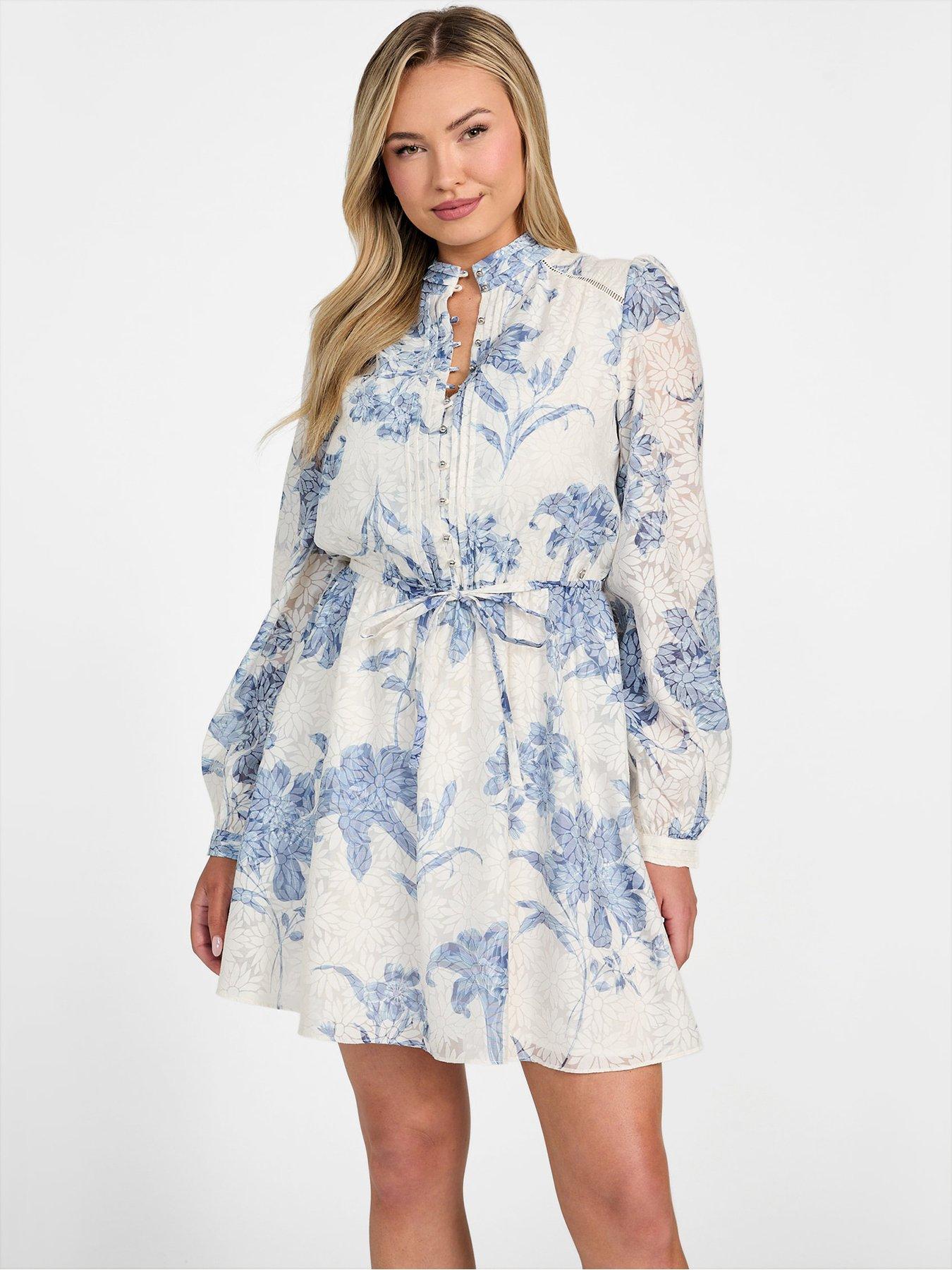Guess Adlaide Long Sleeve Flare Dress - Floral Blue | Very