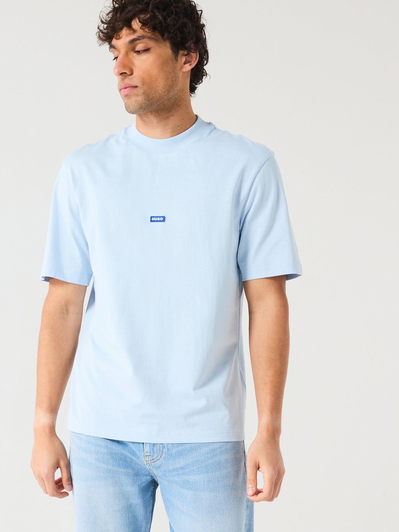 HUGO Herren T-Shirt Regular-Fit - Baumwoll-Jersey Mit Blauem Logo-Patch