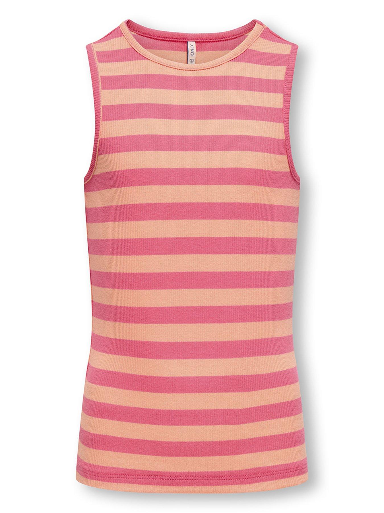 undefined Girls Rib Stripe Vest Top - Camelia Rose Salmon