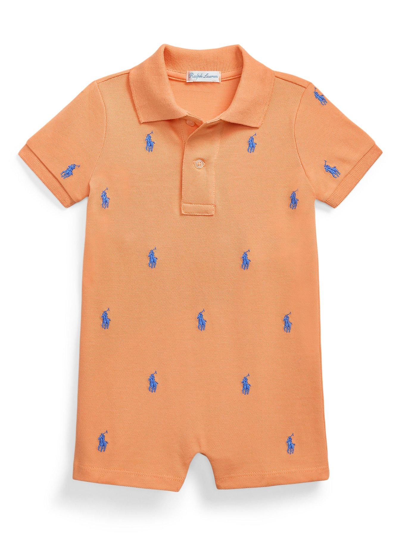 undefined Baby Boys All Over Pony Polo Shortall Romper - Orange