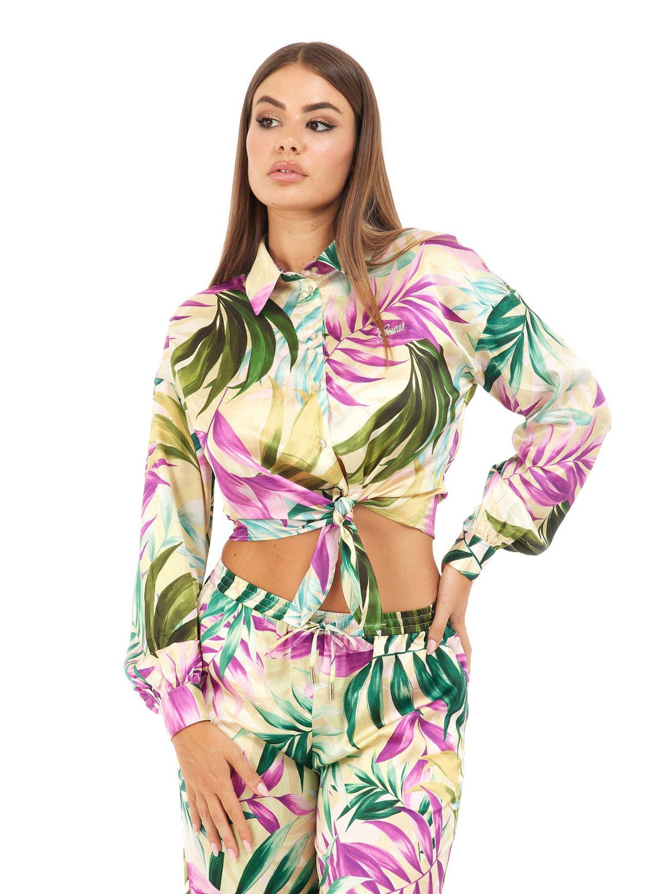 Guess Long Sleeve Cropped Satin Shirt Green Very