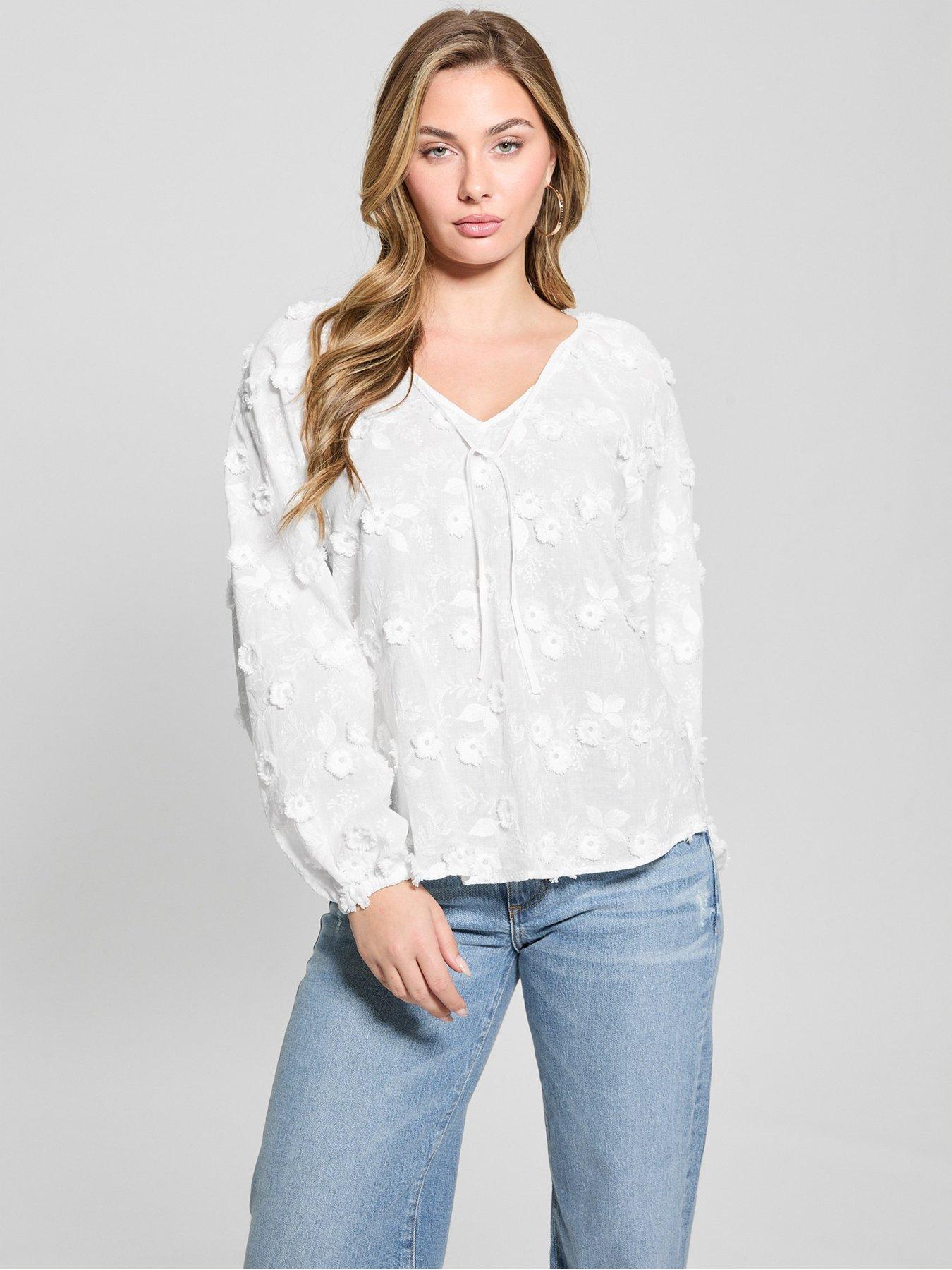 Guess Long Sleeve Pelari Floral Embroidered Top, White, Size L, Women