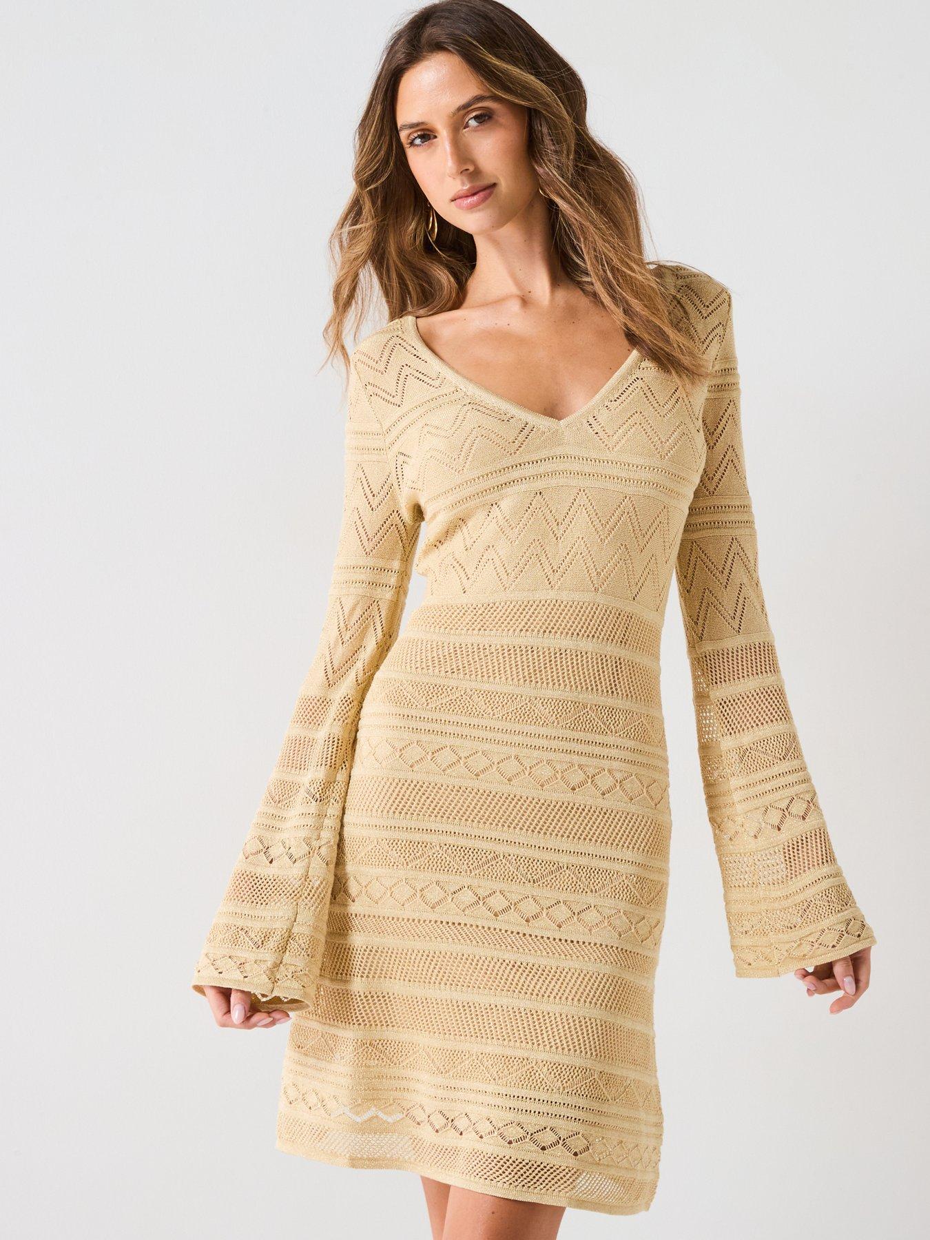 Guess Nellie Long Sleeve V Neck Knitted Dress - Gold | Very