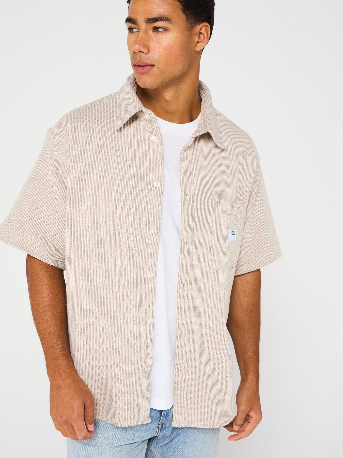 HUGO Blue Ebronn Waffle Short Sleeve Shirt - Light Beige