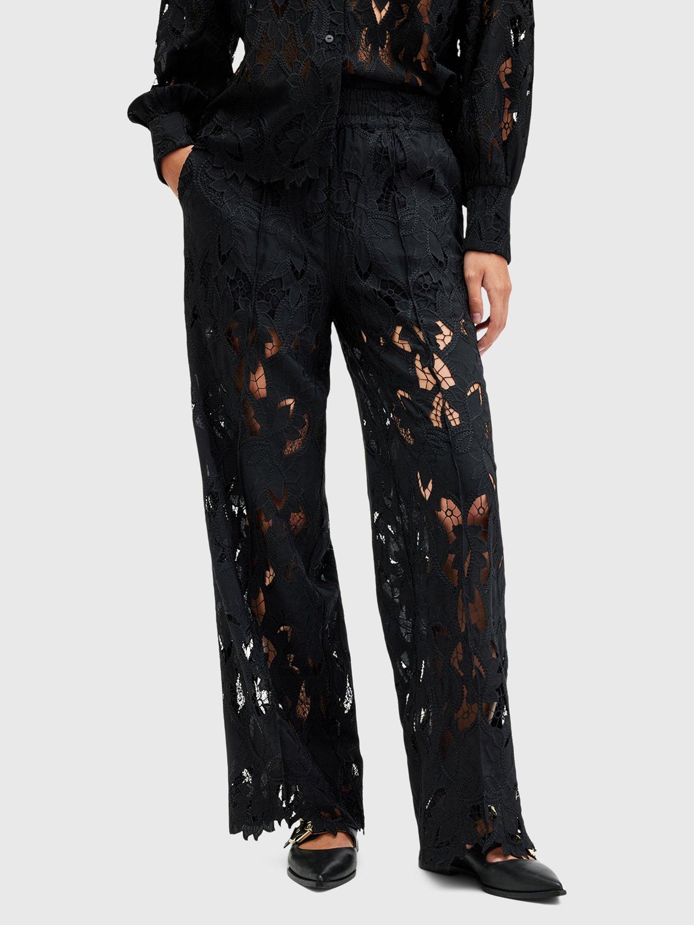 AllSaints Charli Embroidered Straight Fit Trousers - Black, Black, Size 10, Women