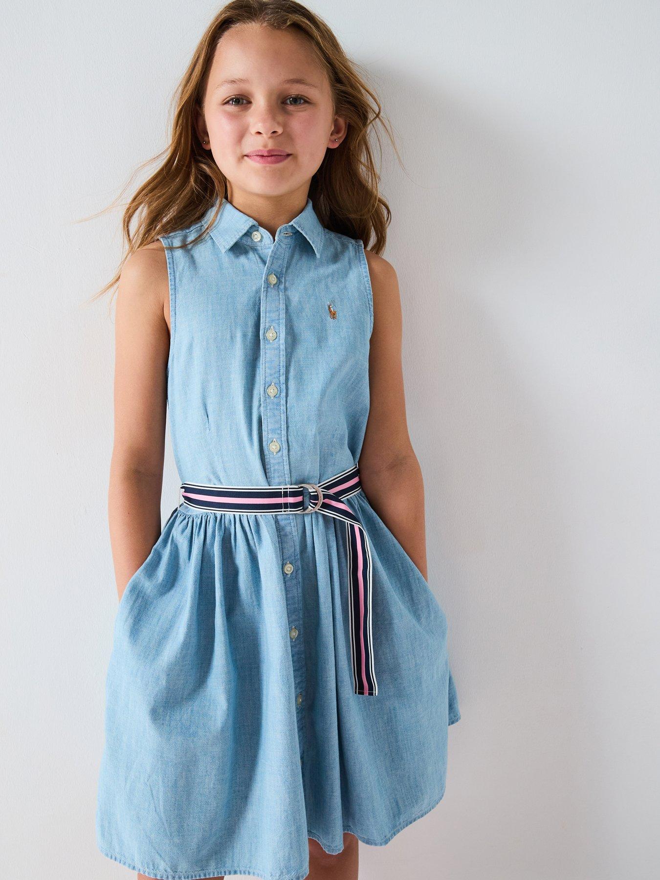 undefined Girls Sleeveless Belted Shirt Dress - Blue