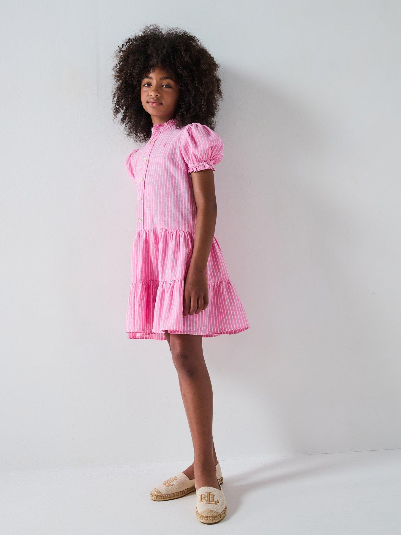 undefined Tiered Stripe Linen Mix Dress - Pink