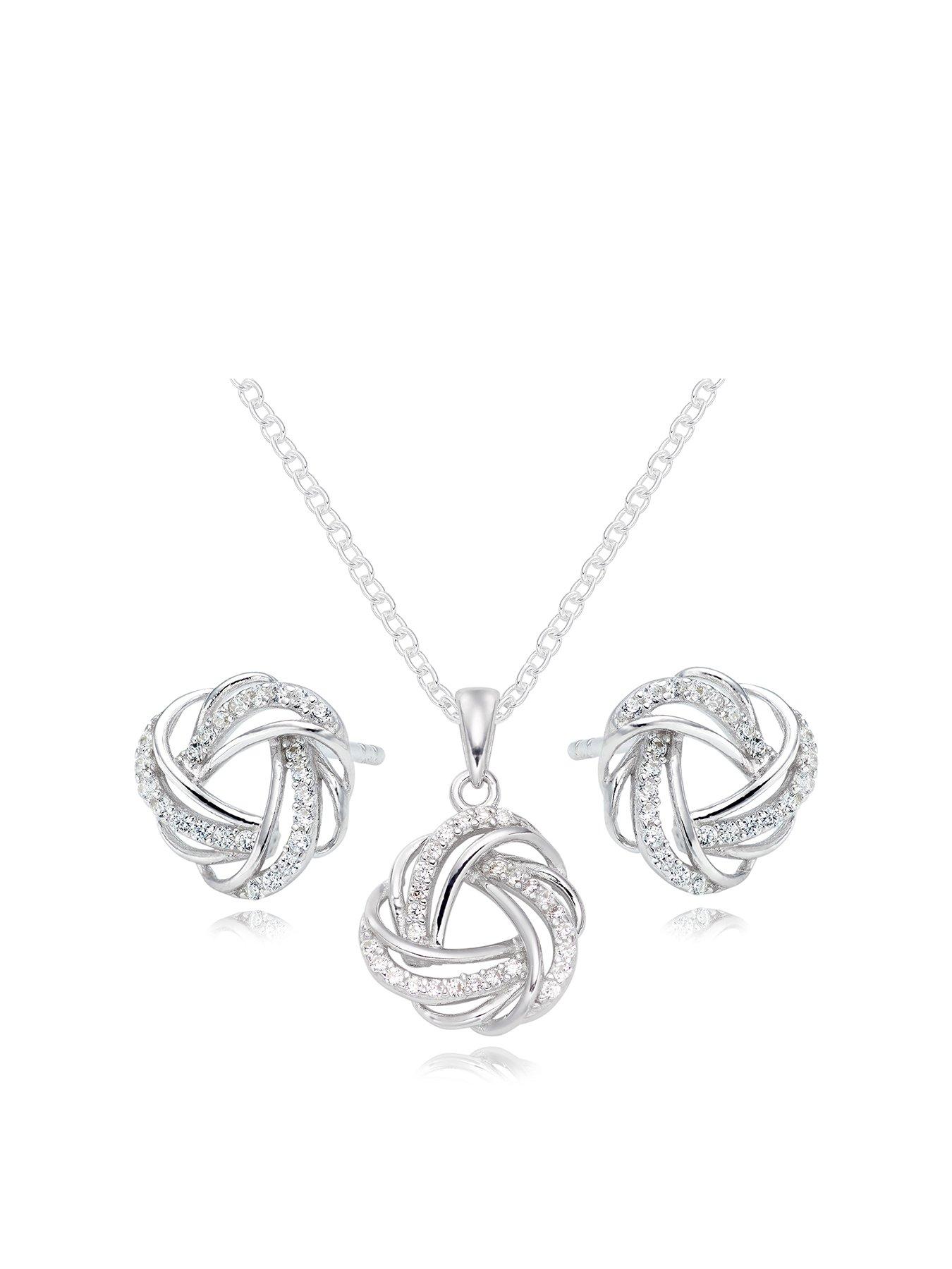 Beaverbrooks Sterling Silver Cubic Zirconia Knot Pendant and Earrings Set