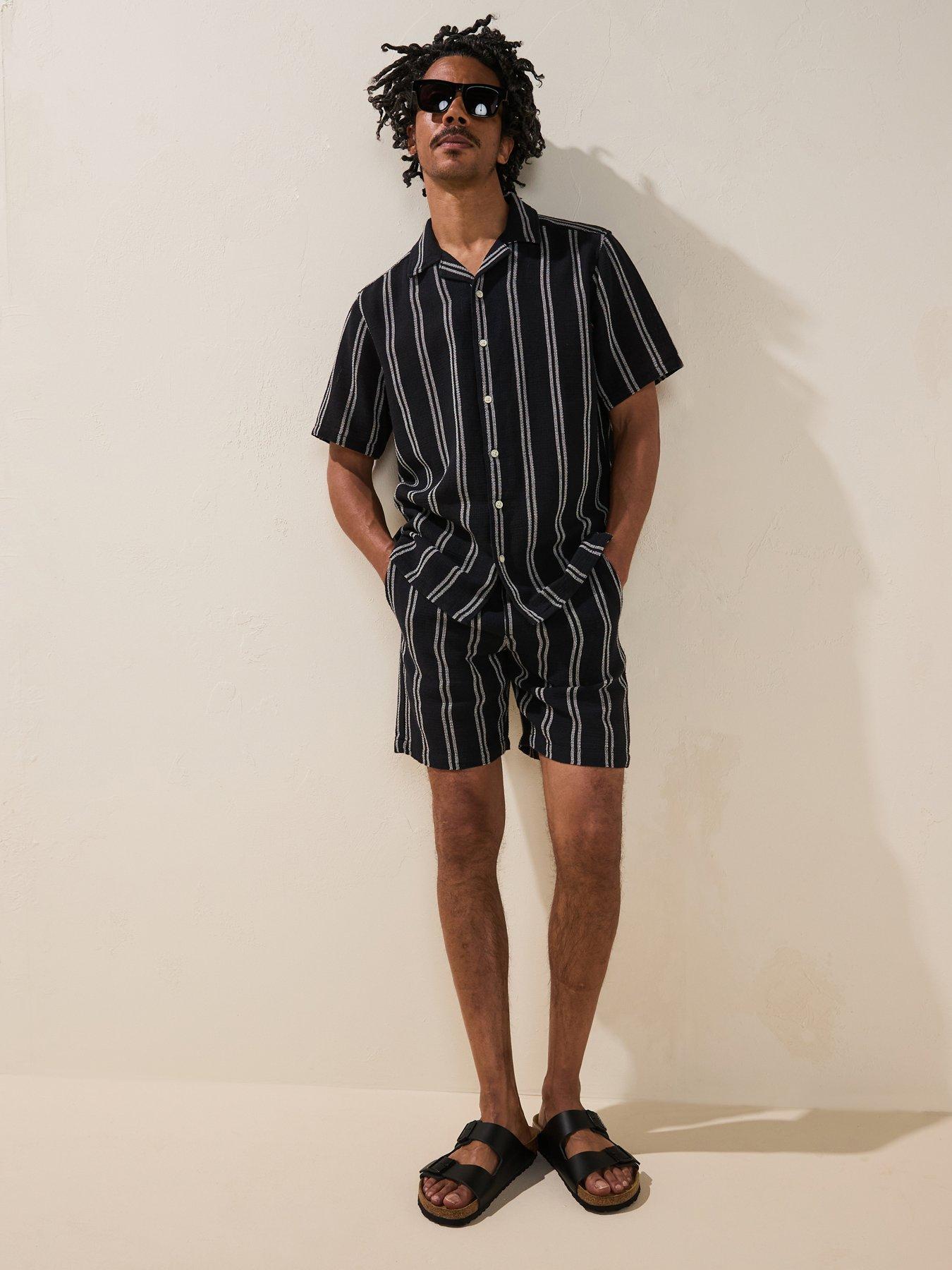 ONLY & SONS Trev Life & Stripe Short Sleeve Shirt, Dark Navy, Size L, Men