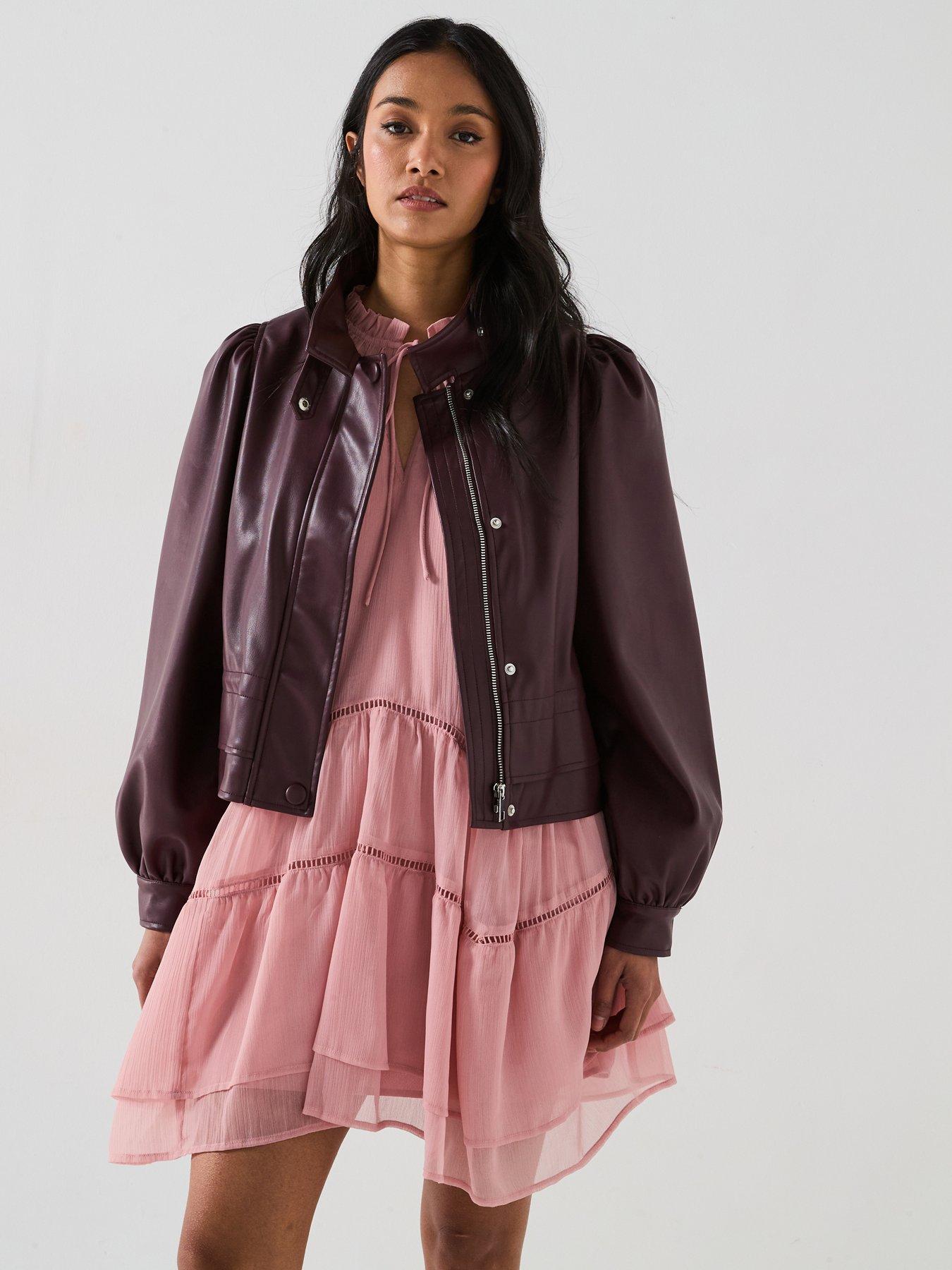 undefined Faux Leather Puff Sleeve Peplum Jacket - Burgundy