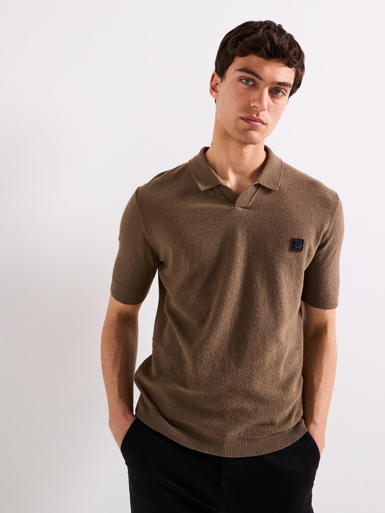 undefined Shiplom Textured Open Collar Knitted Polo Shirt - Brown