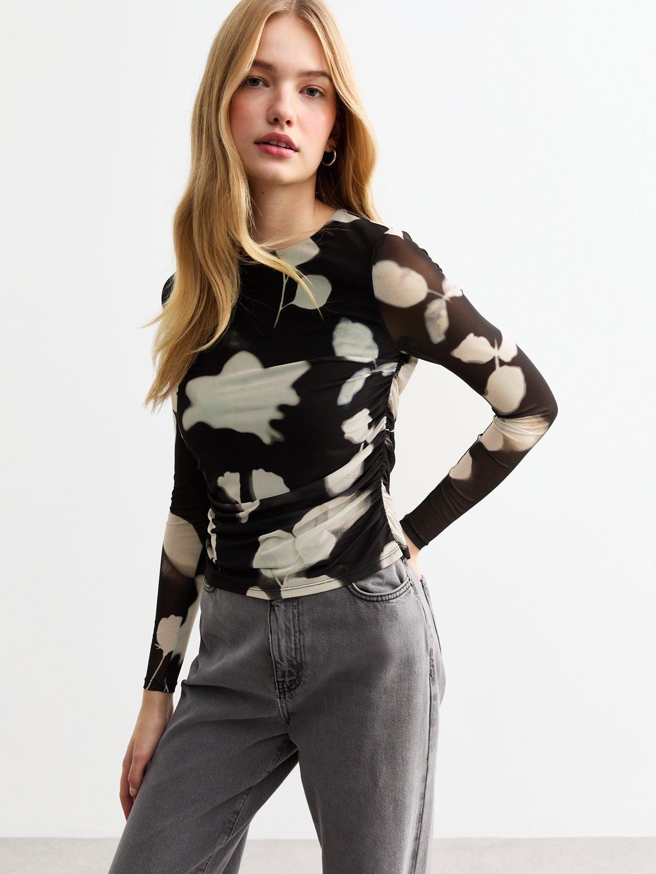 undefined Black Blurred Floral Print Mesh Top