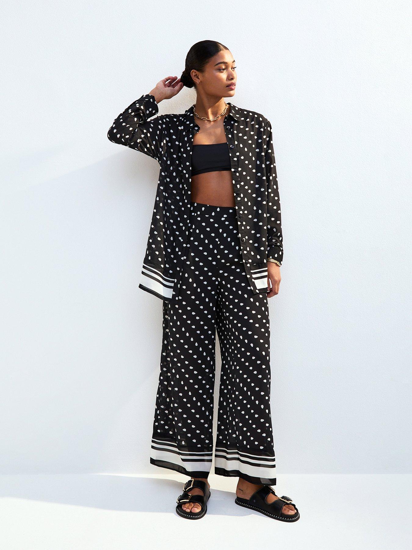 undefined Black Polka Dot Wide Leg Beach Trousers - Print
