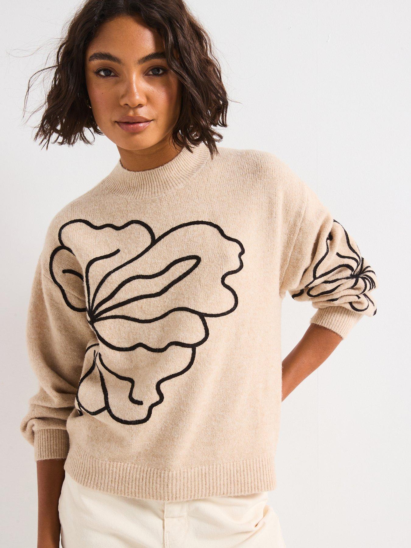 undefined Long Sleeve Flower Knitted Jumper - Brown