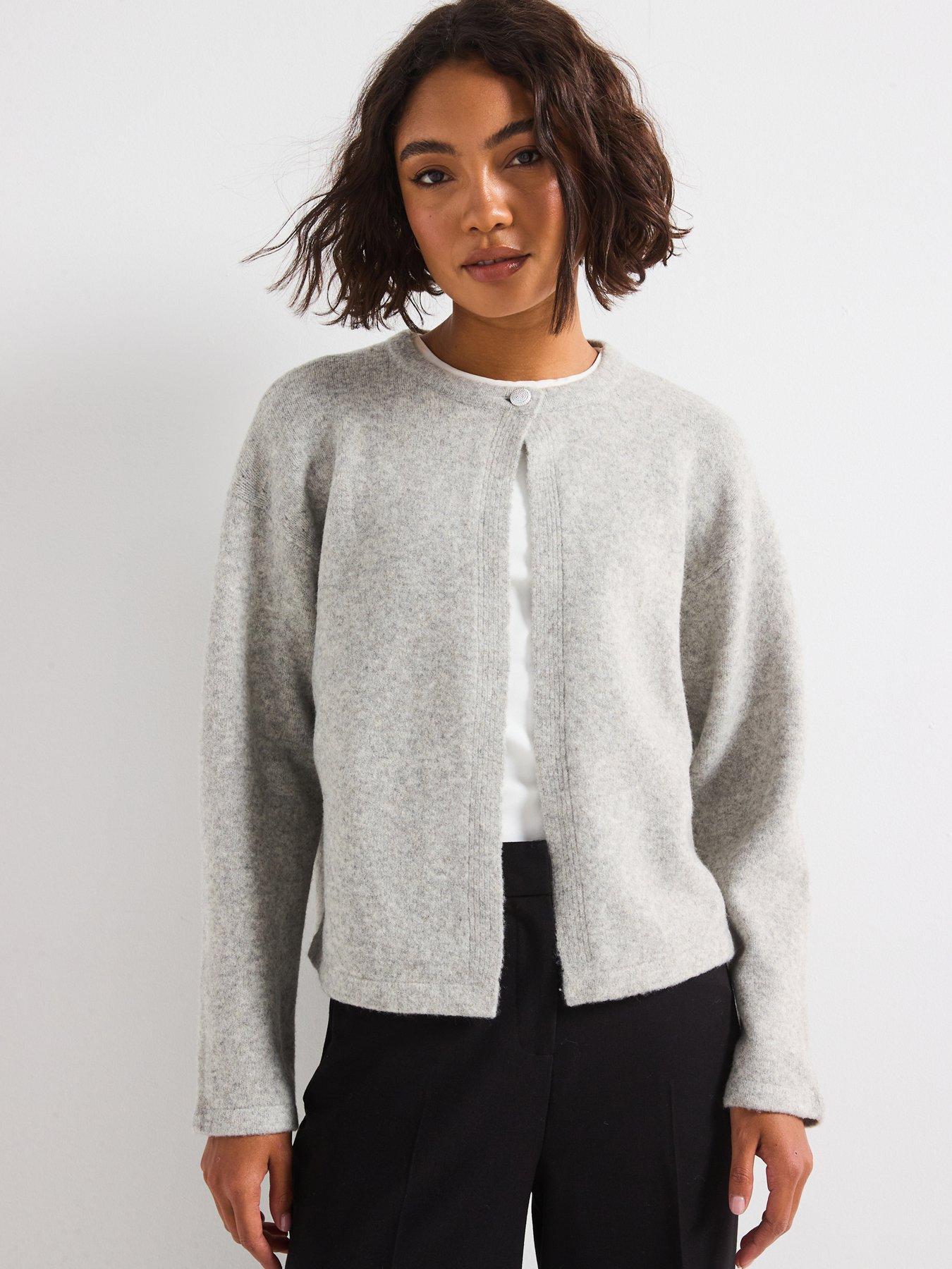 undefined Long Sleeve One Button Knitted Cardigan - Light Grey